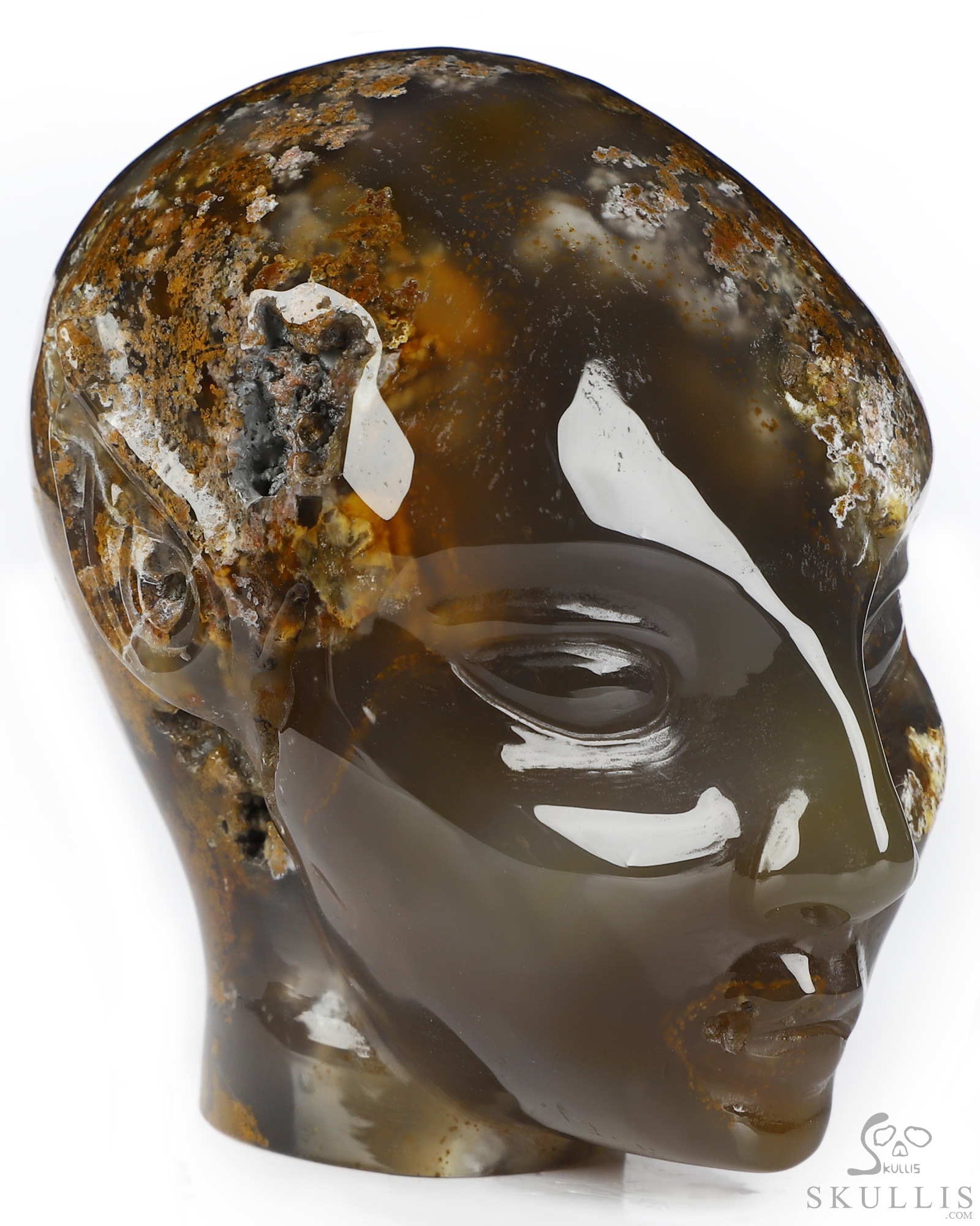 3.3" Moss Agate Hand Carved Fairy Elf Alien Crystal Skull Companion Sculpture, Crystal Healing 3.3" Moss Agate Hand Carved Fairy Elf Alien Crystal Skull Companion Sculpture, Crystal Healing
