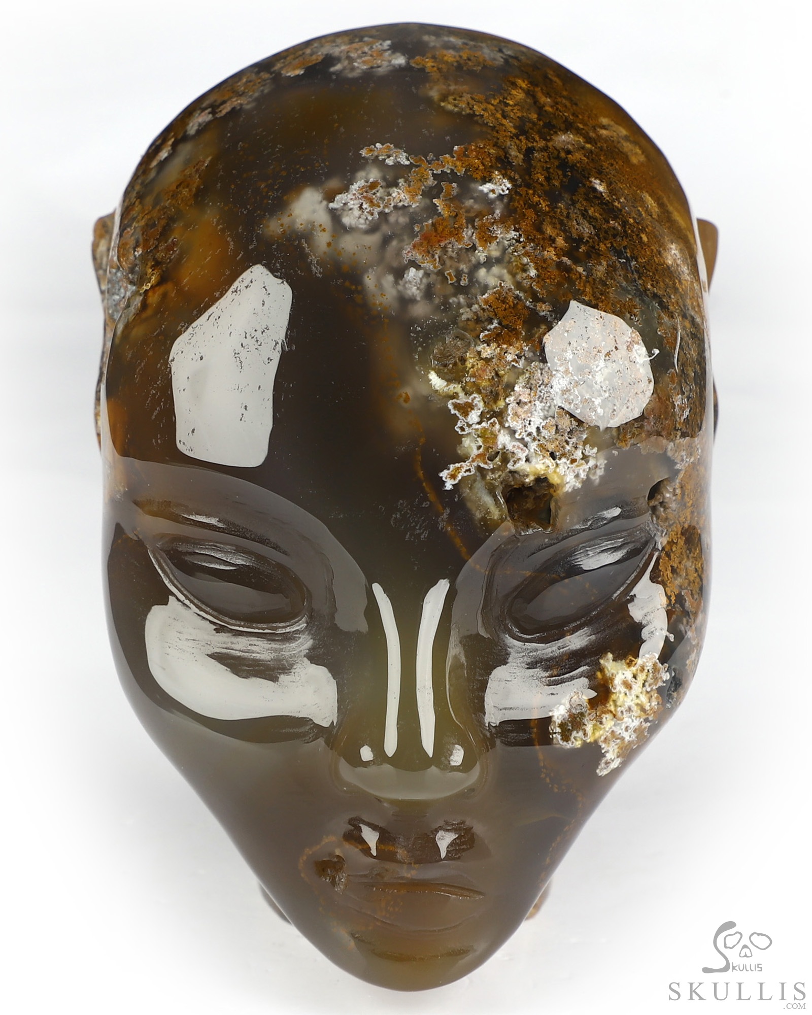 3.3" Moss Agate Hand Carved Fairy Elf Alien Crystal Skull Companion Sculpture, Crystal Healing 3.3" Moss Agate Hand Carved Fairy Elf Alien Crystal Skull Companion Sculpture, Crystal Healing