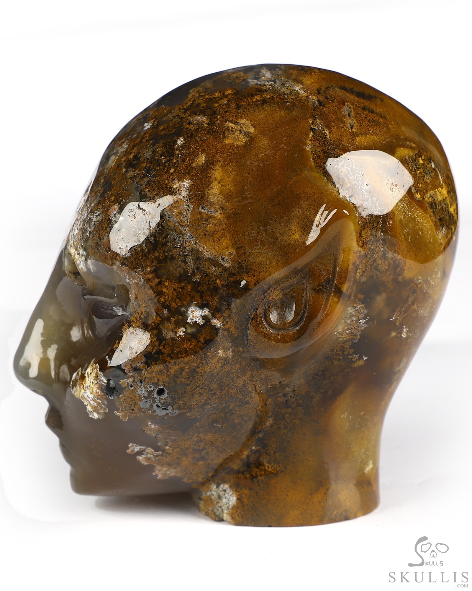 3.3" Moss Agate Hand Carved Fairy Elf Alien Crystal Skull Companion Sculpture, Crystal Healing 3.3" Moss Agate Hand Carved Fairy Elf Alien Crystal Skull Companion Sculpture, Crystal Healing