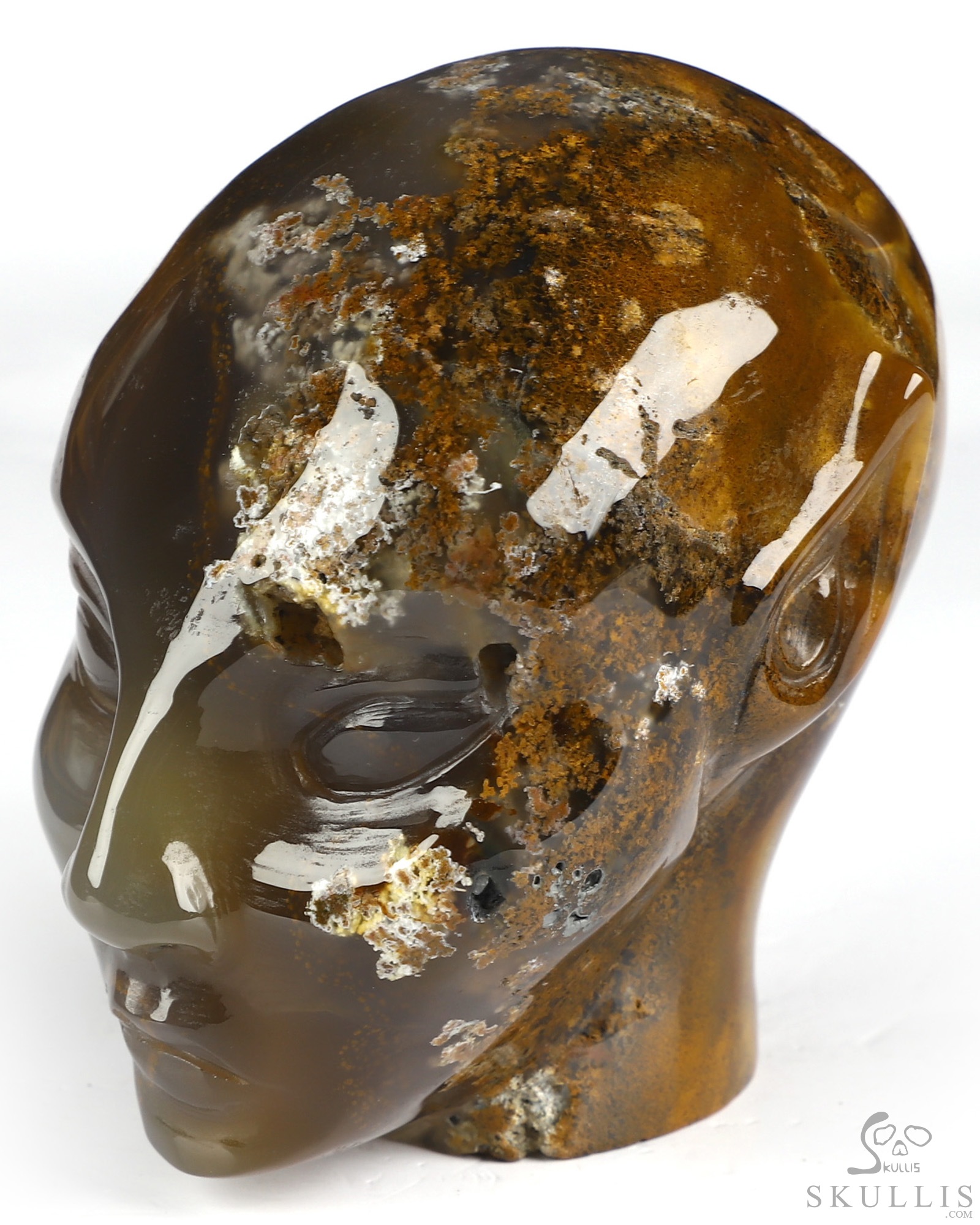 3.3" Moss Agate Hand Carved Fairy Elf Alien Crystal Skull Companion Sculpture, Crystal Healing 3.3" Moss Agate Hand Carved Fairy Elf Alien Crystal Skull Companion Sculpture, Crystal Healing