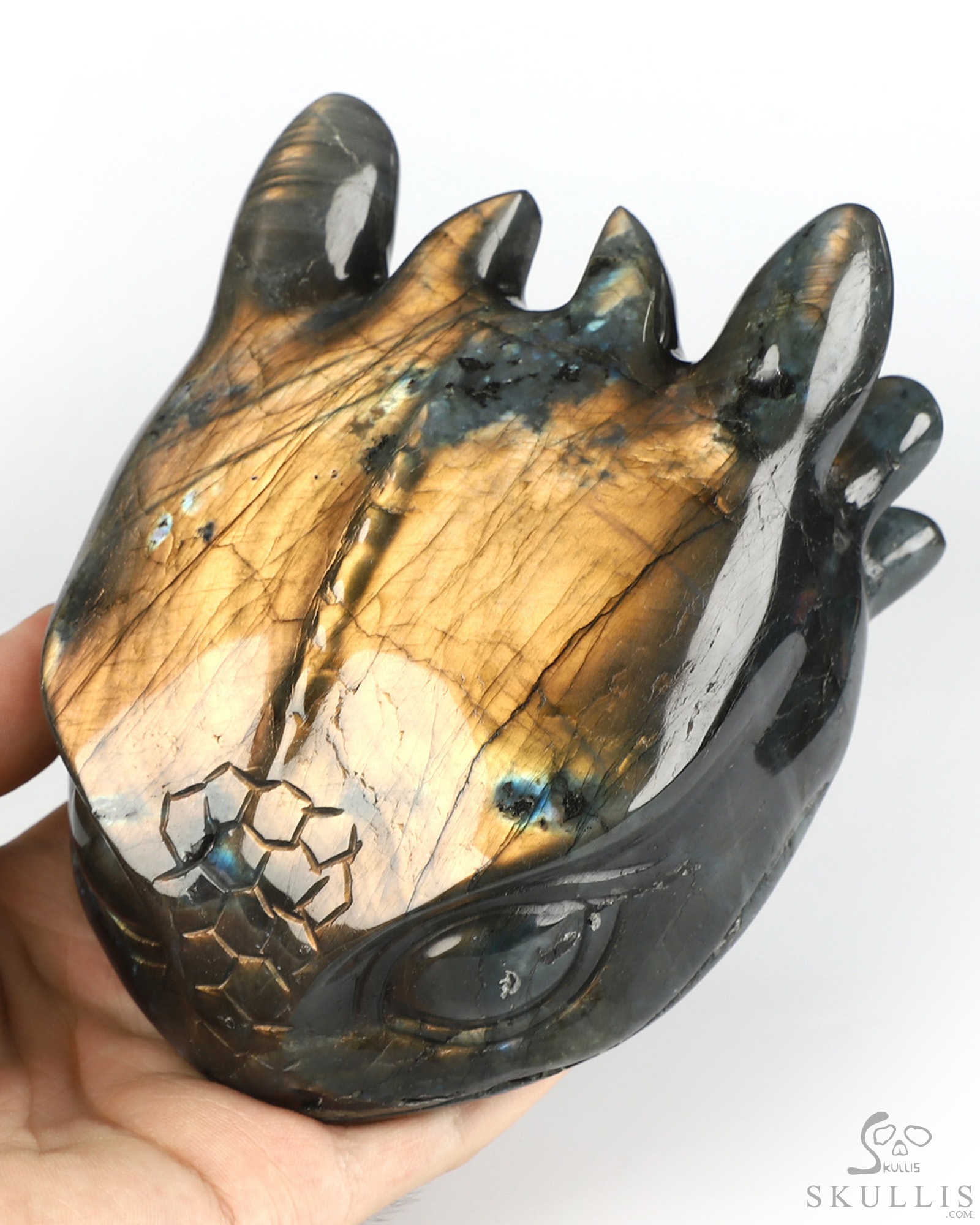5.0" Flash Labradorite Hand Carved Crystal Toothless Dragon Head Fine Art Sculpture, Crystal Healing 5.0" Flash Labradorite Hand Carved Crystal Toothless Dragon Head Fine Art Sculpture, Crystal Healing