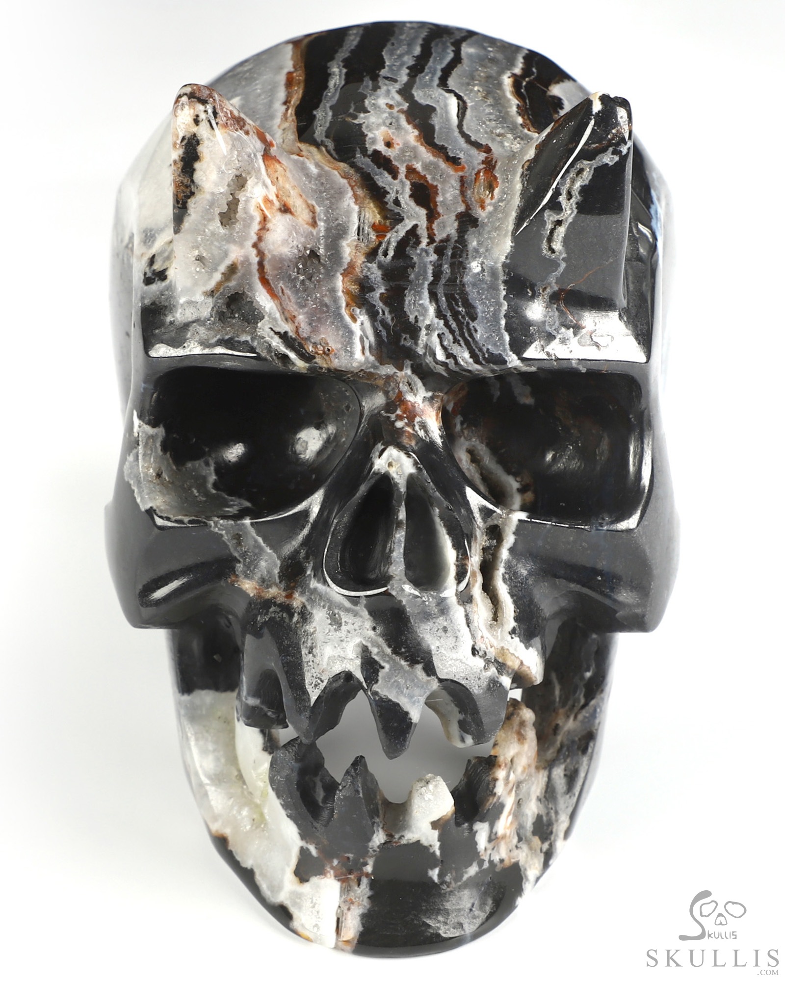 Horned Beast Skull - 5.0" Black Zebra Agate Hand Carved Crystal Skull Fine Art Sculpture, Crystal Healing Horned Beast Skull - 5.0" Black Zebra Agate Hand Carved Crystal Skull Fine Art Sculpture, Crystal Healing