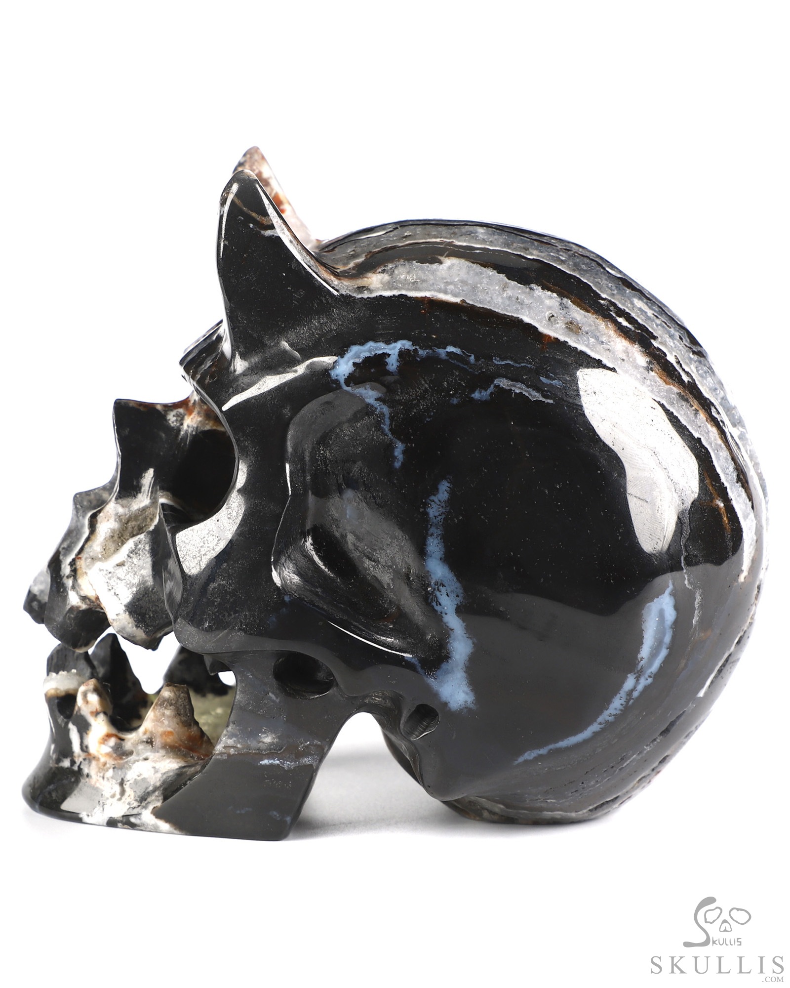 Horned Beast Skull - 5.0" Black Zebra Agate Hand Carved Crystal Skull Fine Art Sculpture, Crystal Healing Horned Beast Skull - 5.0" Black Zebra Agate Hand Carved Crystal Skull Fine Art Sculpture, Crystal Healing