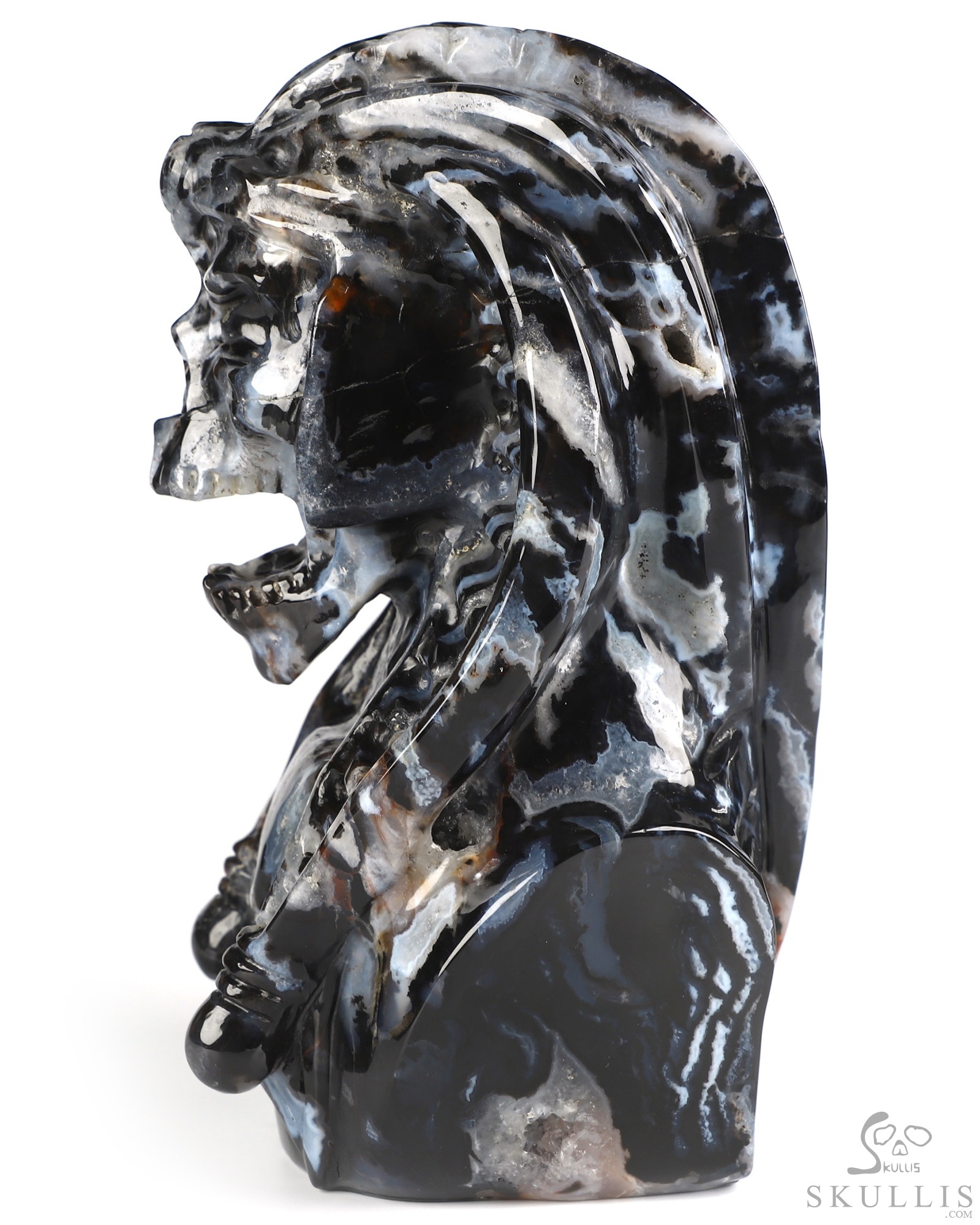 7.4" Black Zebra Agate Hand Carved Vampire Crystal Skull and Red Jasper Tongue Sculpture, Crystal Healing 7.4" Black Zebra Agate Hand Carved Vampire Crystal Skull and Red Jasper Tongue Sculpture, Crystal Healing