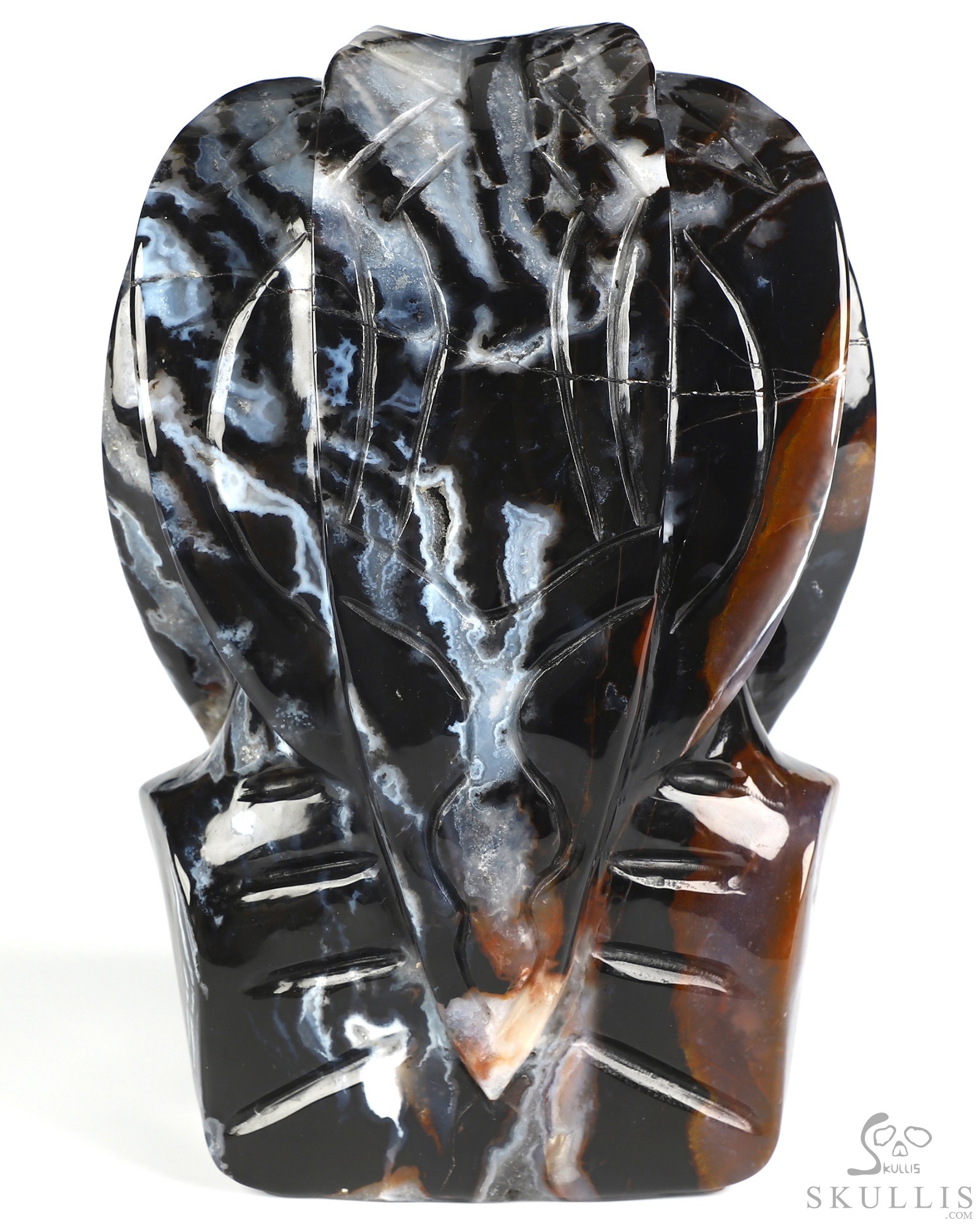 7.4" Black Zebra Agate Hand Carved Vampire Crystal Skull and Red Jasper Tongue Sculpture, Crystal Healing 7.4" Black Zebra Agate Hand Carved Vampire Crystal Skull and Red Jasper Tongue Sculpture, Crystal Healing