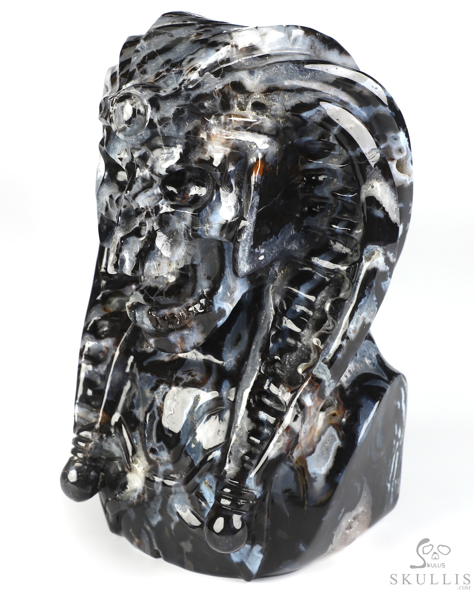 7.4" Black Zebra Agate Hand Carved Vampire Crystal Skull and Red Jasper Tongue Sculpture, Crystal Healing 7.4" Black Zebra Agate Hand Carved Vampire Crystal Skull and Red Jasper Tongue Sculpture, Crystal Healing