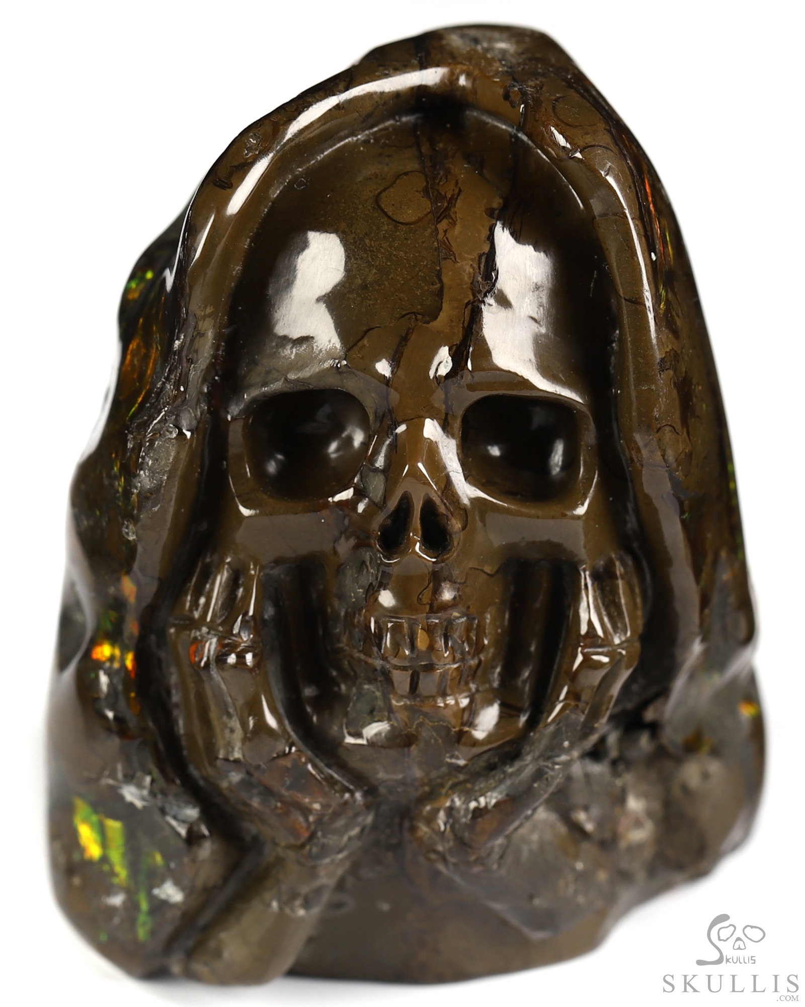 Sept 6, 2026 ACSAD (A Crystal Skull a Day) - Meditations in Ammolite - 2.4" Ammolite Hand Carved Crystal Skull Fine Art Sculpture with Hands Cradling its Chin, Crystal Healing Sept 6, 2026 ACSAD (A Crystal Skull a Day) - Meditations in Ammolite - 2.4" Ammolite Hand Carved Crystal Skull Fine Art Sculpture with Hands Cradling its Chin, Crystal Healing