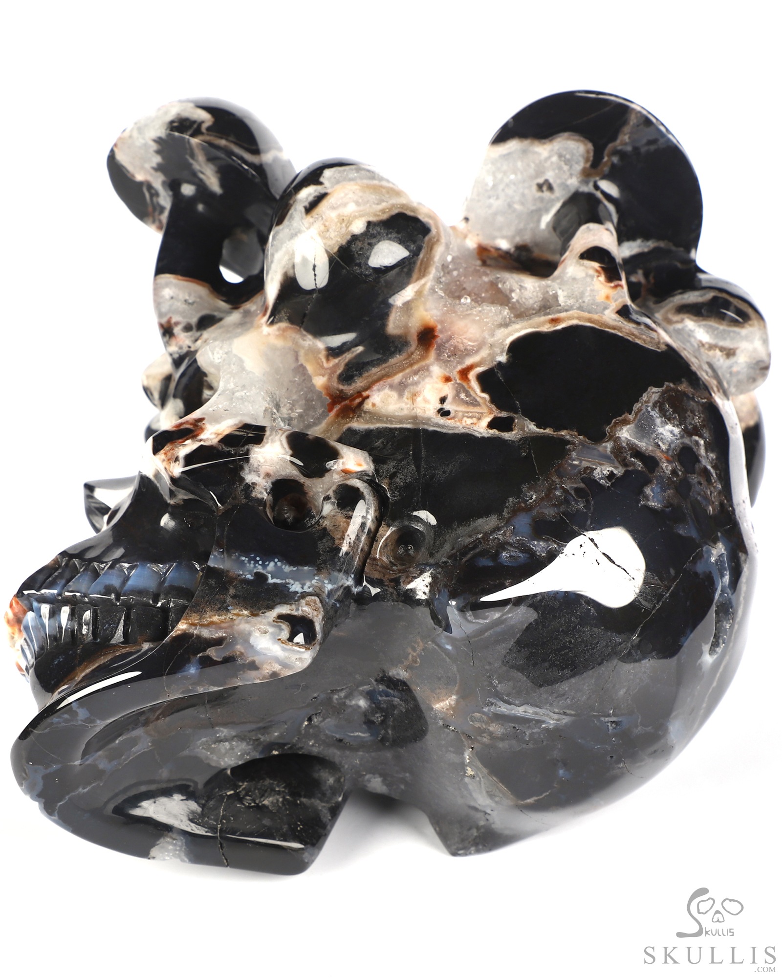 5.2" Black Zebra Agate Hand Carved Mushroom Crystal Skull Sculpture, Crystal Healing 5.2" Black Zebra Agate Hand Carved Mushroom Crystal Skull Sculpture, Crystal Healing