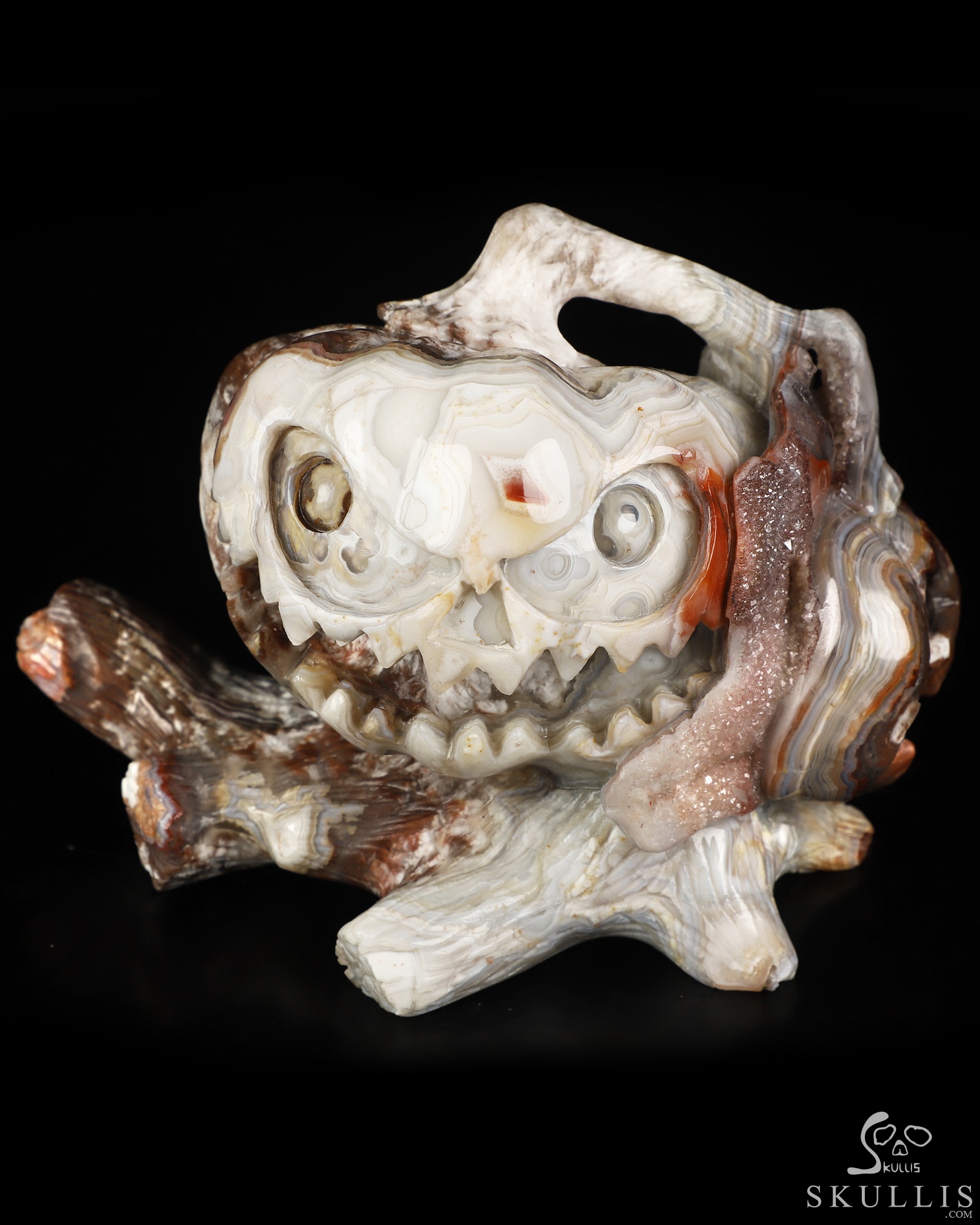 Gemstone 5.5" Red Crazy Lace Agate Hand Carved Jack-O'-Lantern Pumpkin Crystal Skull Sculpture, Crystal Healing Gemstone 5.5" Red Crazy Lace Agate Hand Carved Jack-O'-Lantern Pumpkin Crystal Skull Sculpture, Crystal Healing