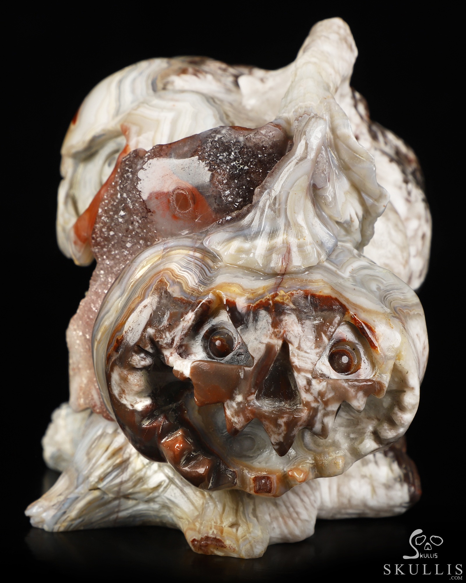 Gemstone 5.5" Red Crazy Lace Agate Hand Carved Jack-O'-Lantern Pumpkin Crystal Skull Sculpture, Crystal Healing Gemstone 5.5" Red Crazy Lace Agate Hand Carved Jack-O'-Lantern Pumpkin Crystal Skull Sculpture, Crystal Healing