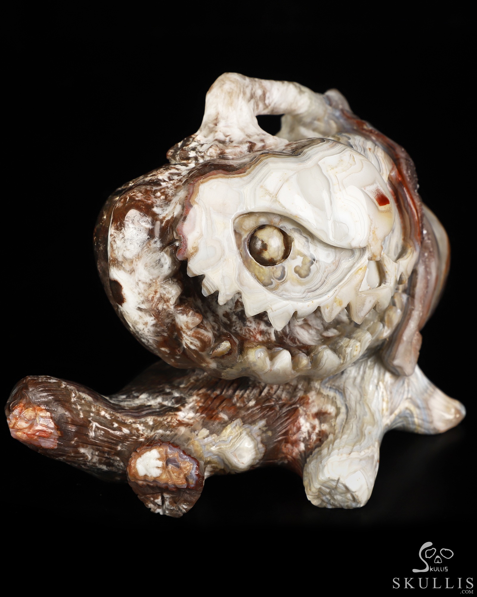 Gemstone 5.5" Red Crazy Lace Agate Hand Carved Jack-O'-Lantern Pumpkin Crystal Skull Sculpture, Crystal Healing Gemstone 5.5" Red Crazy Lace Agate Hand Carved Jack-O'-Lantern Pumpkin Crystal Skull Sculpture, Crystal Healing