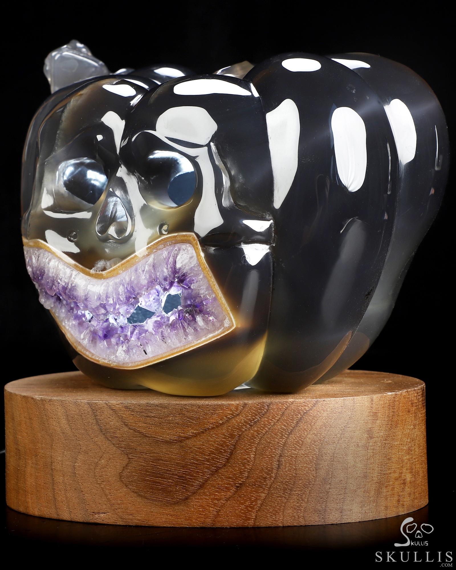 A Strange Little Harvest - 6.3" Agate Amethyst Geode Hand Carved Jack-O'-Lantern Pumpkin & Toad Crystal Skull Sculpture, Crystal Healing A Strange Little Harvest - 6.3" Agate Amethyst Geode Hand Carved Jack-O'-Lantern Pumpkin & Toad Crystal Skull Sculpture, Crystal Healing