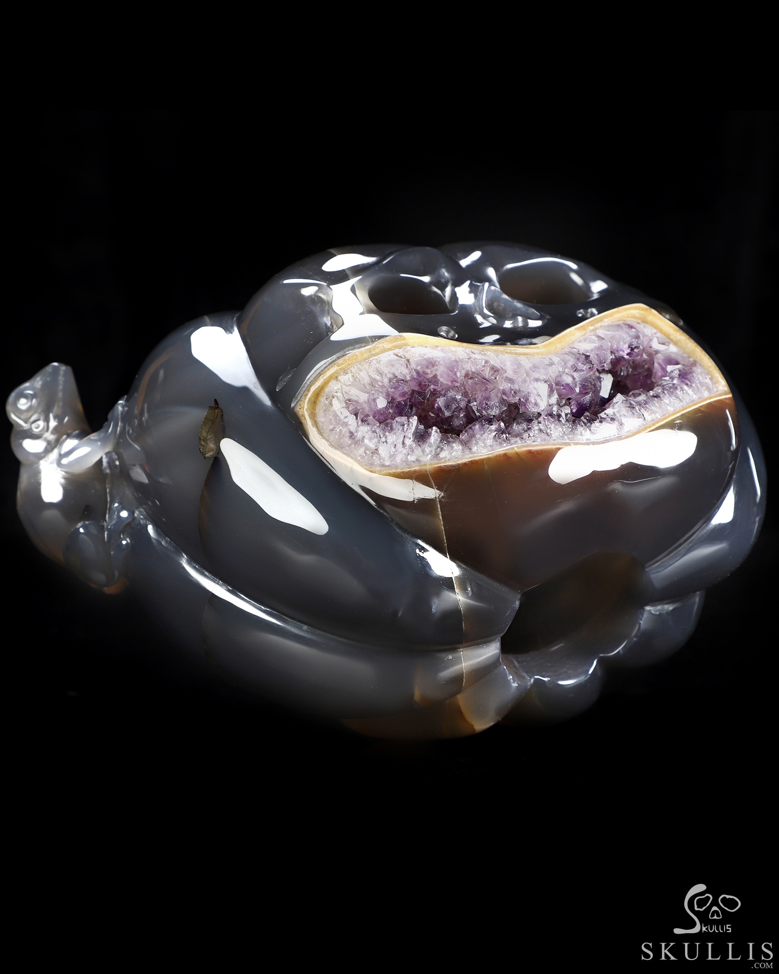 A Strange Little Harvest - 6.3" Agate Amethyst Geode Hand Carved Jack-O'-Lantern Pumpkin & Toad Crystal Skull Sculpture, Crystal Healing A Strange Little Harvest - 6.3" Agate Amethyst Geode Hand Carved Jack-O'-Lantern Pumpkin & Toad Crystal Skull Sculpture, Crystal Healing