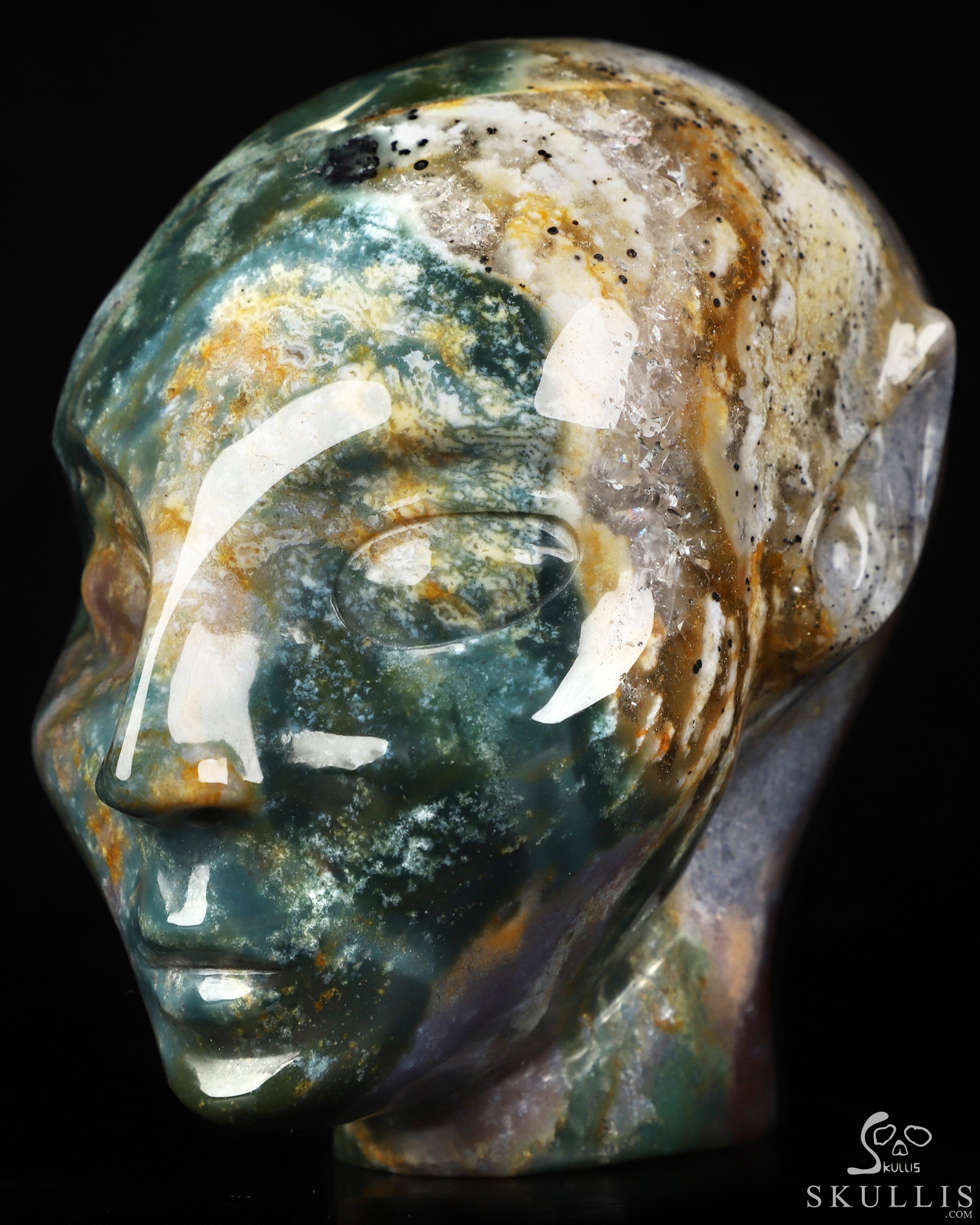 4.0" Indian Agate Hand Carved Fairy Elf Alien Crystal Skull Companion Sculpture, Crystal Healing 4.0" Indian Agate Hand Carved Fairy Elf Alien Crystal Skull Companion Sculpture, Crystal Healing