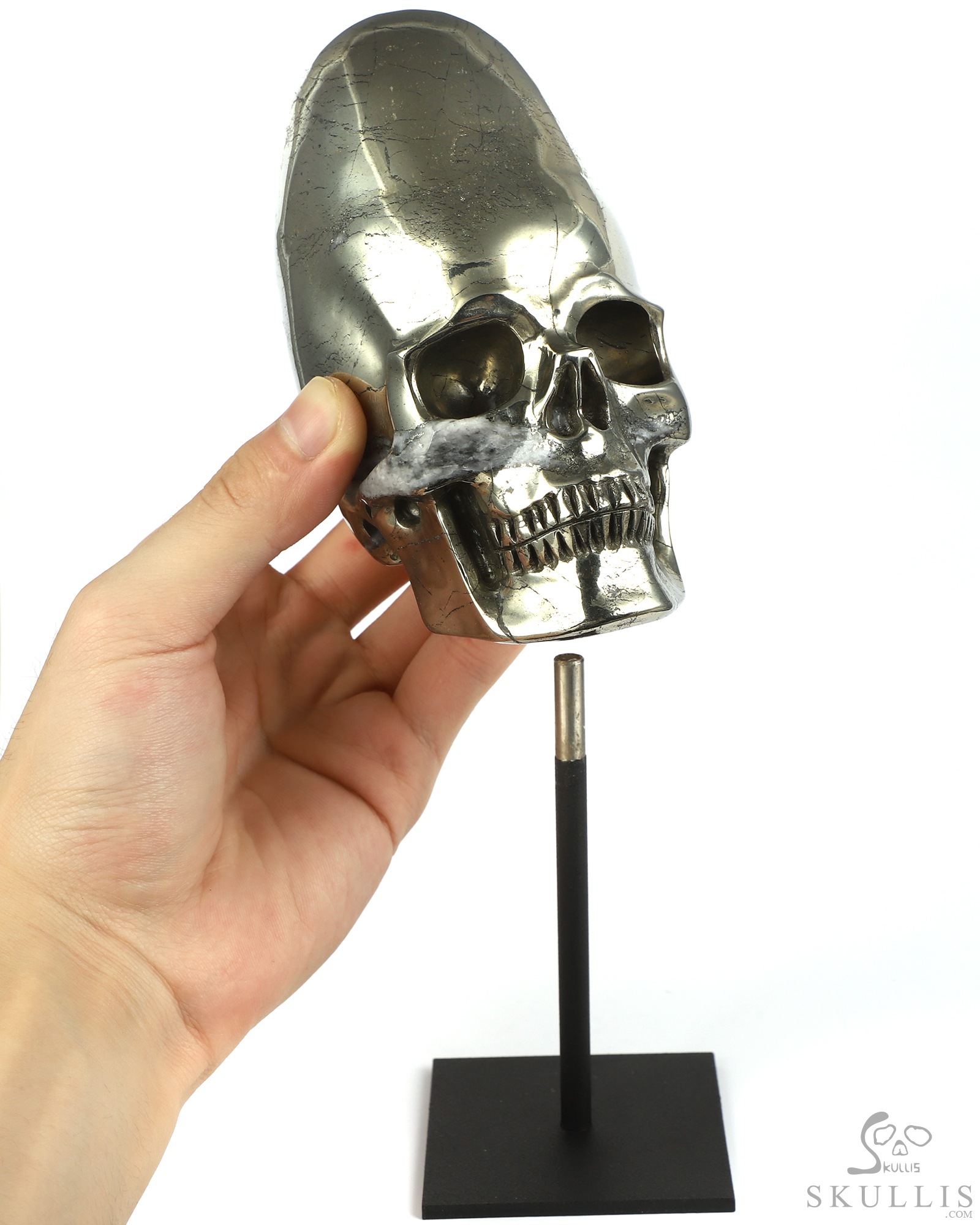 5.1" Pyrite Hand Carved Incan Crystal Skull Sculpture With Stand, Crystal Healing 5.1" Pyrite Hand Carved Incan Crystal Skull Sculpture With Stand, Crystal Healing