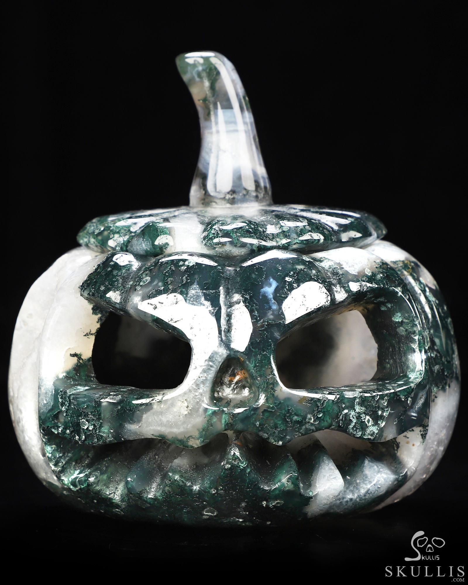 4.1" Green Moss Agate Hand Carved Hollow Jack-O'-Lantern Pumpkin Crystal Skull Sculpture, Crystal Healing 4.1" Green Moss Agate Hand Carved Hollow Jack-O'-Lantern Pumpkin Crystal Skull Sculpture, Crystal Healing
