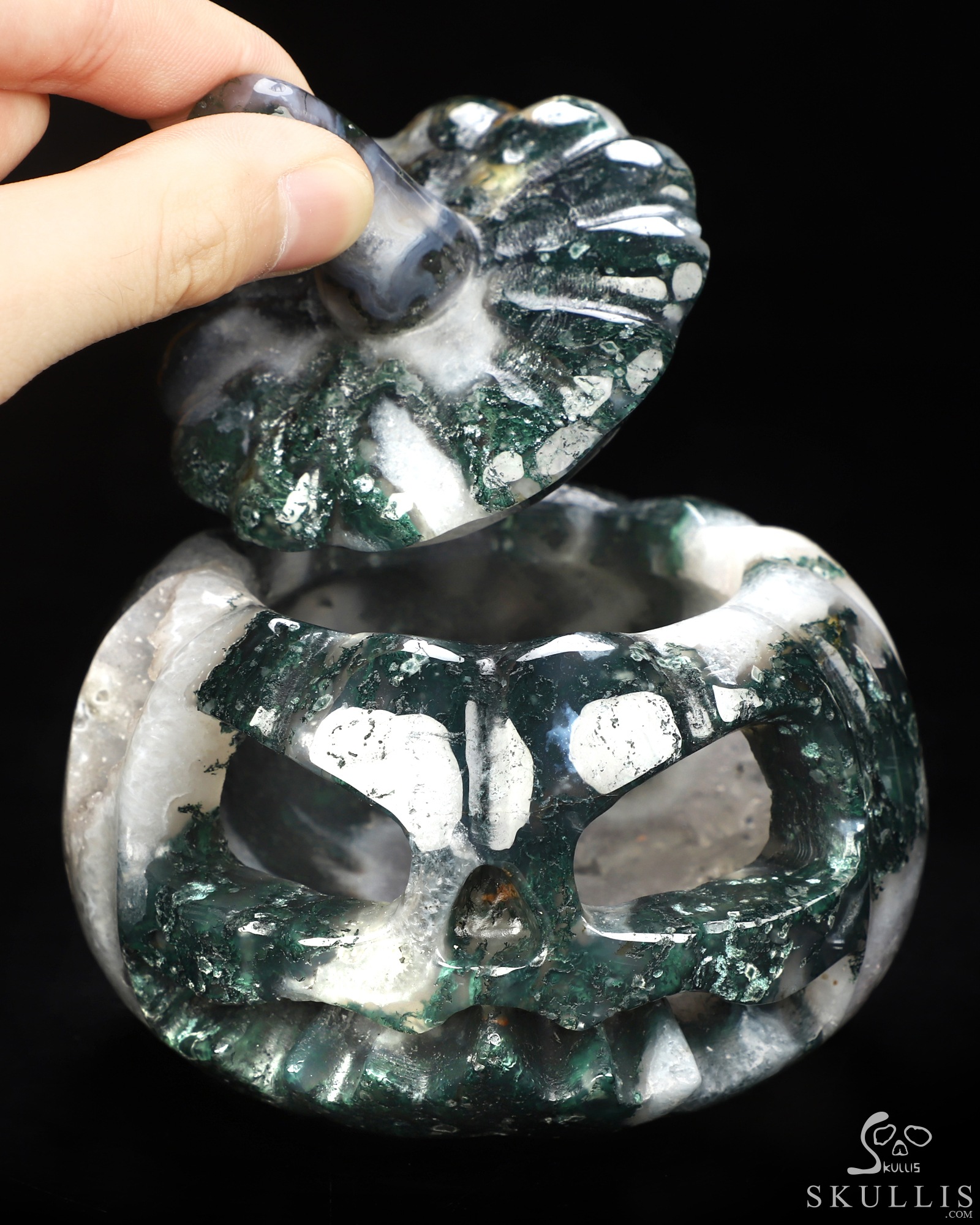 4.1" Green Moss Agate Hand Carved Hollow Jack-O'-Lantern Pumpkin Crystal Skull Sculpture, Crystal Healing 4.1" Green Moss Agate Hand Carved Hollow Jack-O'-Lantern Pumpkin Crystal Skull Sculpture, Crystal Healing