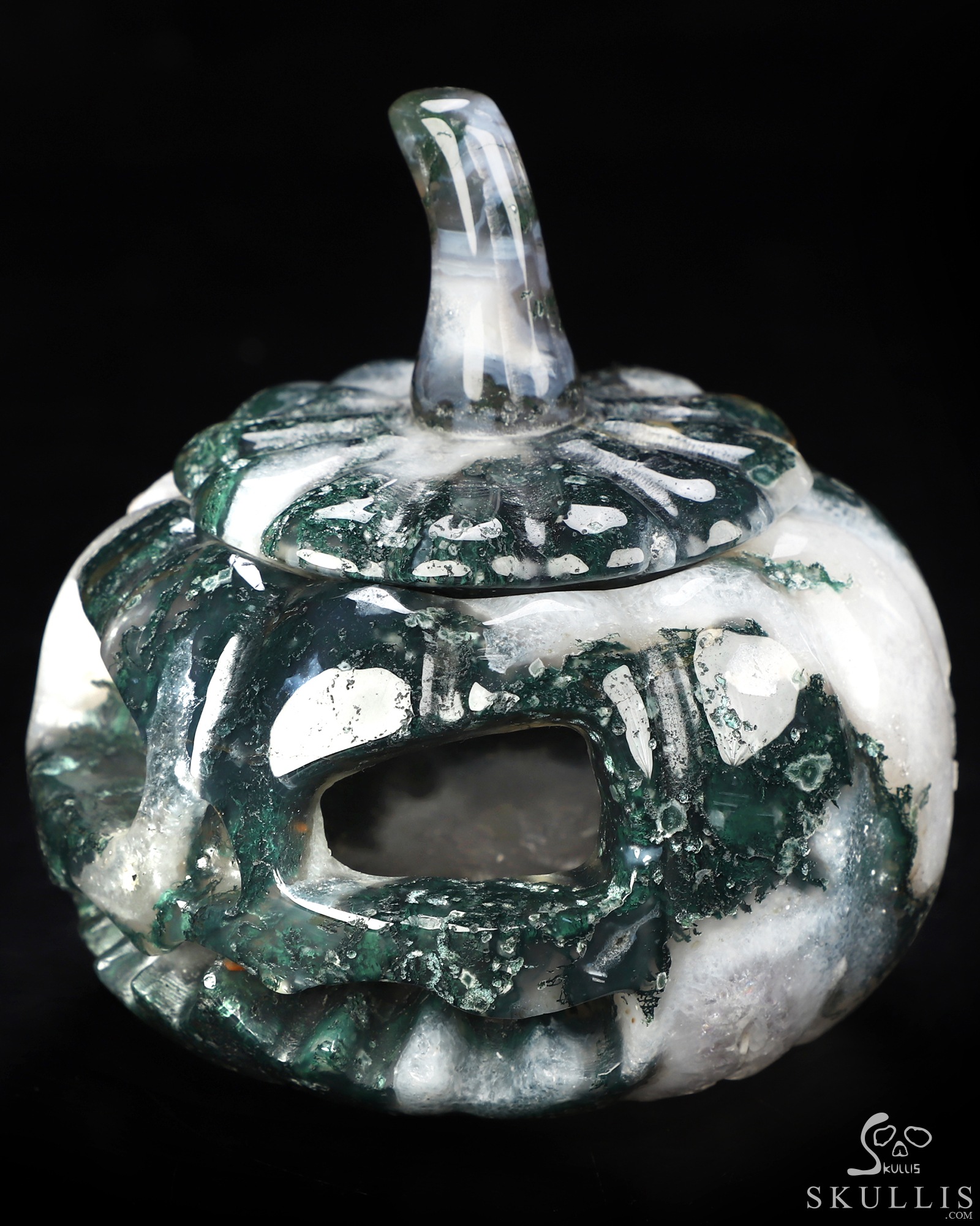 4.1" Green Moss Agate Hand Carved Hollow Jack-O'-Lantern Pumpkin Crystal Skull Sculpture, Crystal Healing 4.1" Green Moss Agate Hand Carved Hollow Jack-O'-Lantern Pumpkin Crystal Skull Sculpture, Crystal Healing