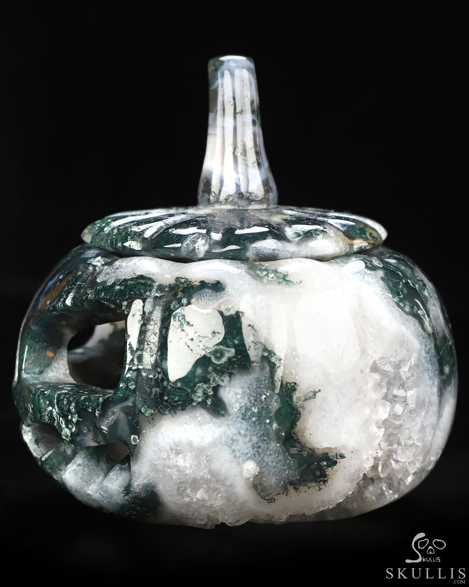4.1" Green Moss Agate Hand Carved Hollow Jack-O'-Lantern Pumpkin Crystal Skull Sculpture, Crystal Healing 4.1" Green Moss Agate Hand Carved Hollow Jack-O'-Lantern Pumpkin Crystal Skull Sculpture, Crystal Healing