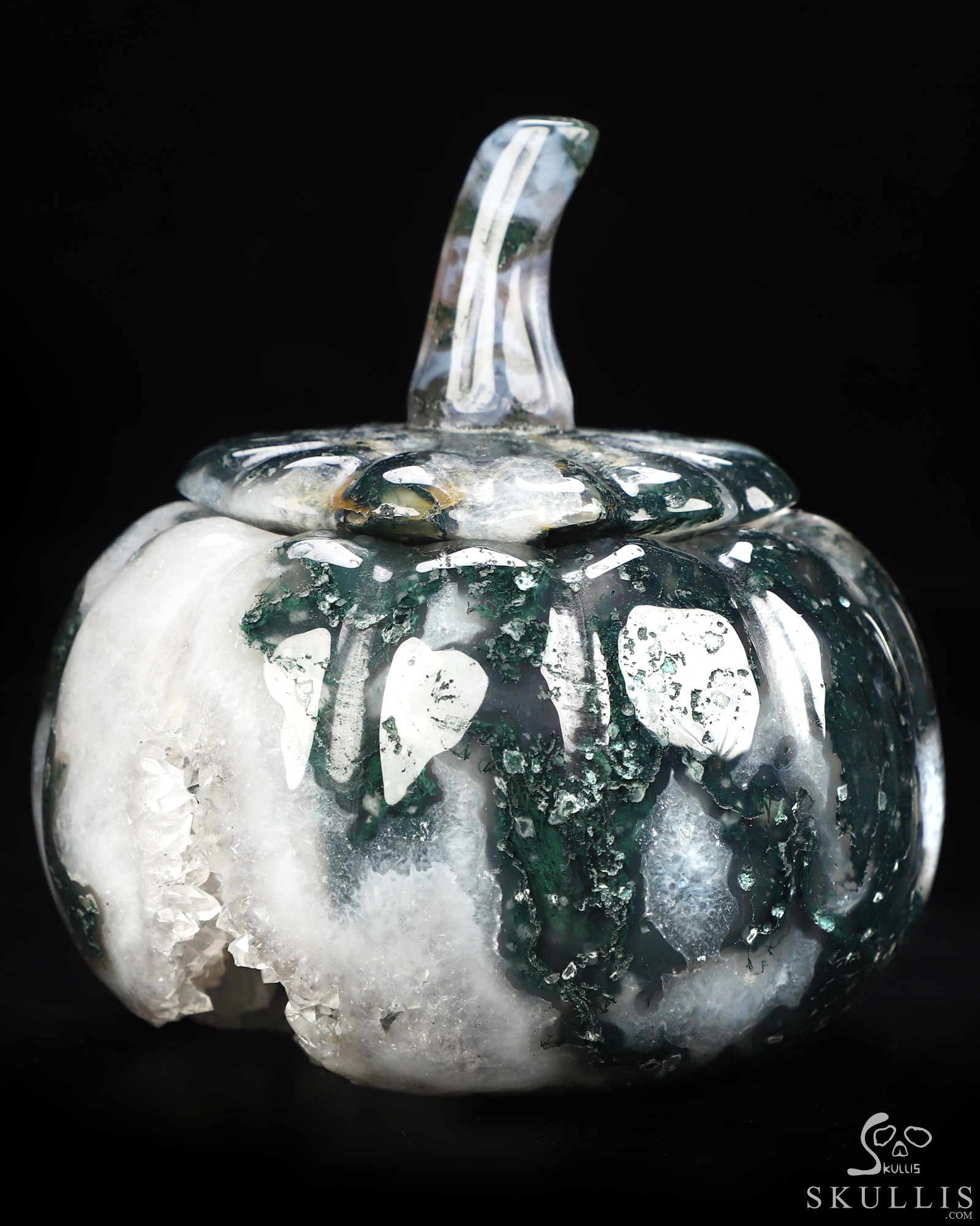 4.1" Green Moss Agate Hand Carved Hollow Jack-O'-Lantern Pumpkin Crystal Skull Sculpture, Crystal Healing 4.1" Green Moss Agate Hand Carved Hollow Jack-O'-Lantern Pumpkin Crystal Skull Sculpture, Crystal Healing