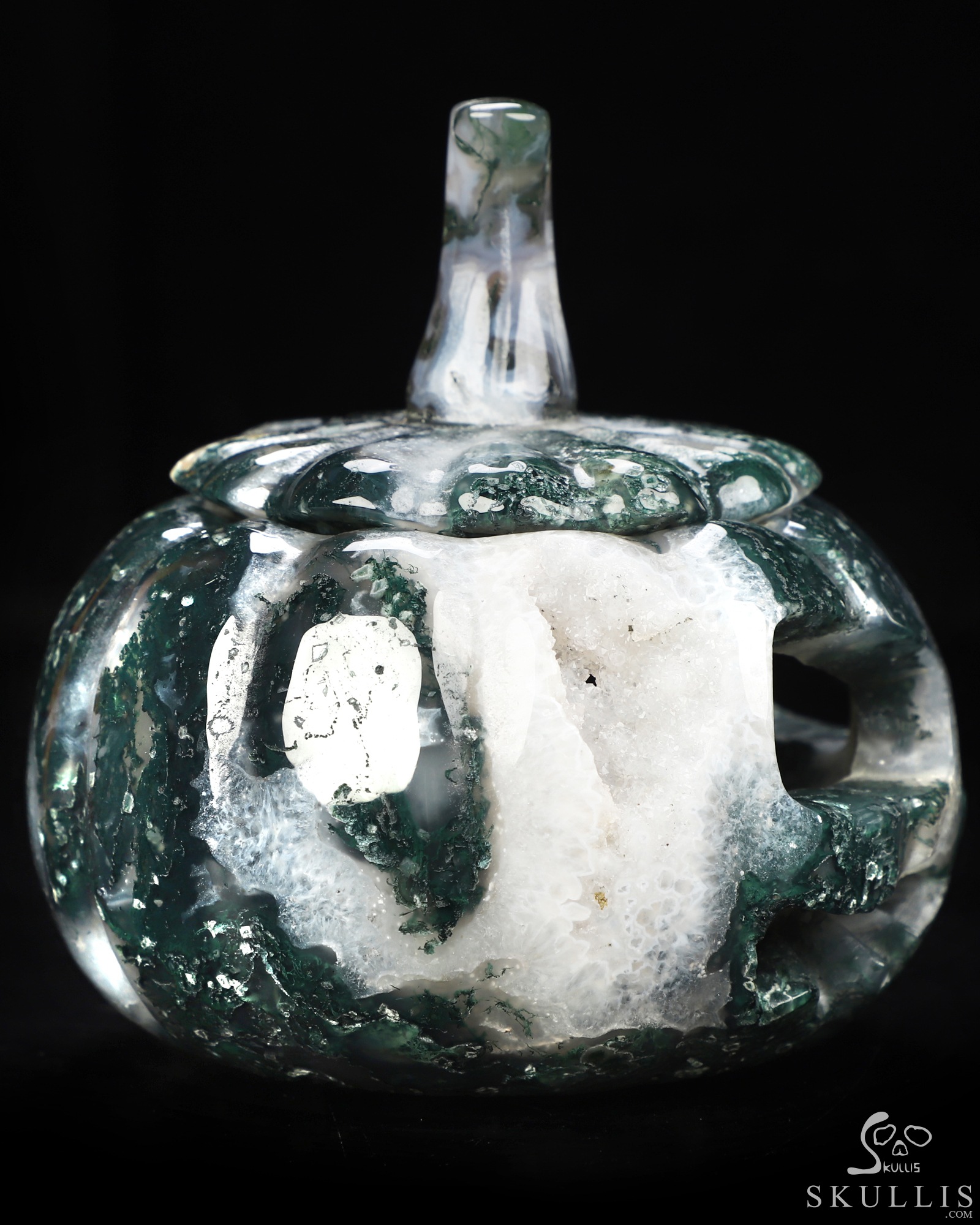 4.1" Green Moss Agate Hand Carved Hollow Jack-O'-Lantern Pumpkin Crystal Skull Sculpture, Crystal Healing 4.1" Green Moss Agate Hand Carved Hollow Jack-O'-Lantern Pumpkin Crystal Skull Sculpture, Crystal Healing