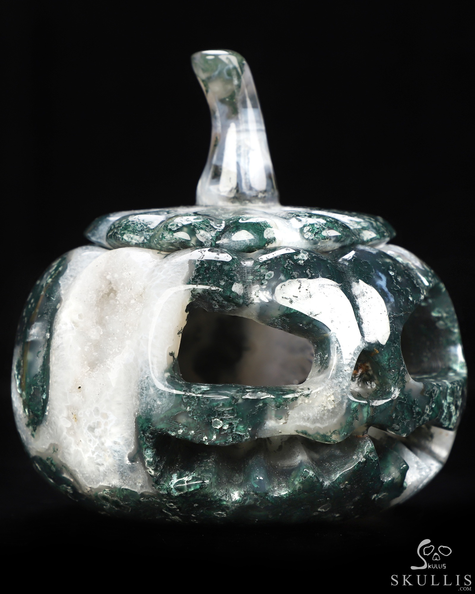 4.1" Green Moss Agate Hand Carved Hollow Jack-O'-Lantern Pumpkin Crystal Skull Sculpture, Crystal Healing 4.1" Green Moss Agate Hand Carved Hollow Jack-O'-Lantern Pumpkin Crystal Skull Sculpture, Crystal Healing