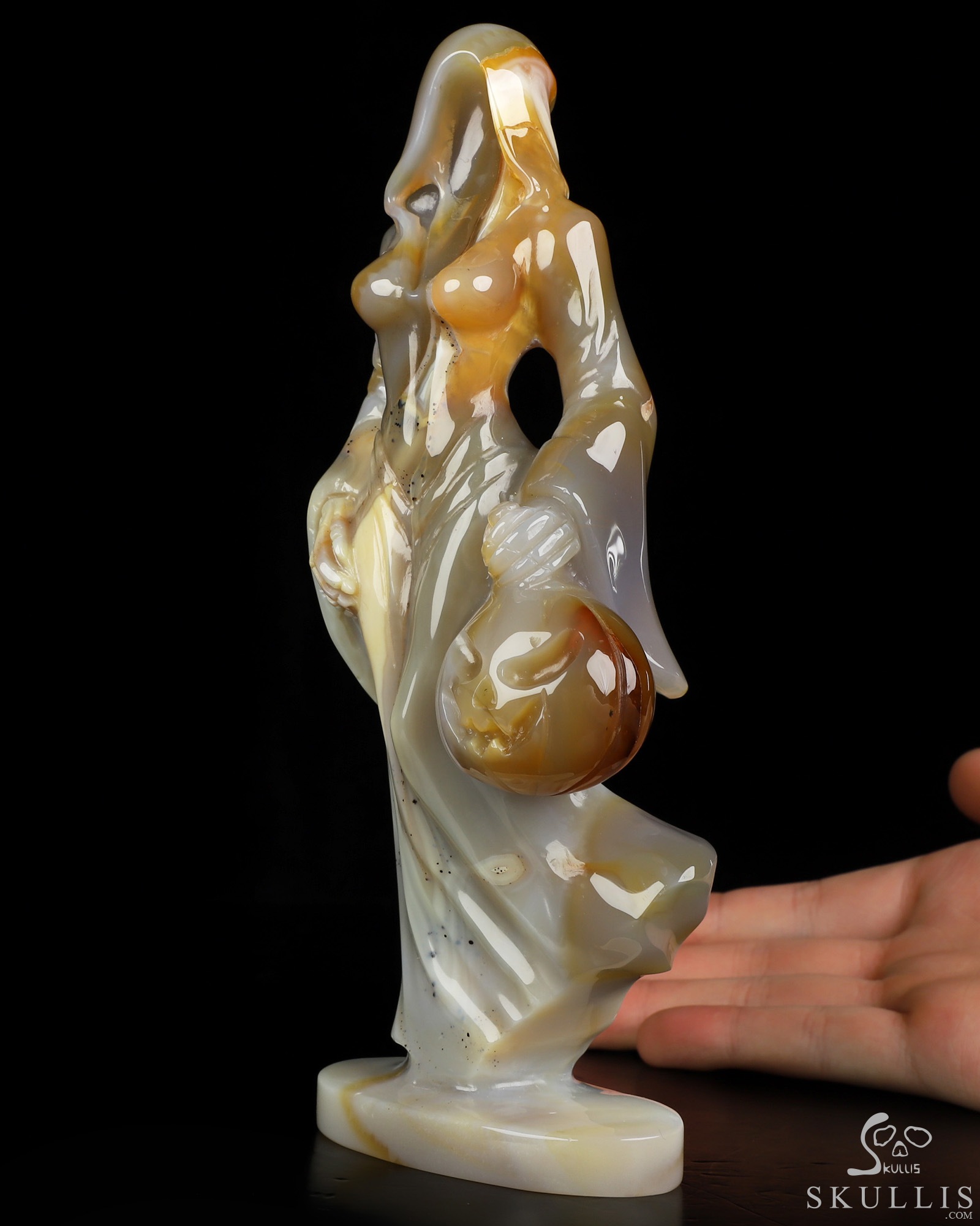 7.9" Premium Brazilian Agate Hand Carved Crystal Reaper with Pumpkin Fine Art Sculpture, Crystal Healing 7.9" Premium Brazilian Agate Hand Carved Crystal Reaper with Pumpkin Fine Art Sculpture, Crystal Healing