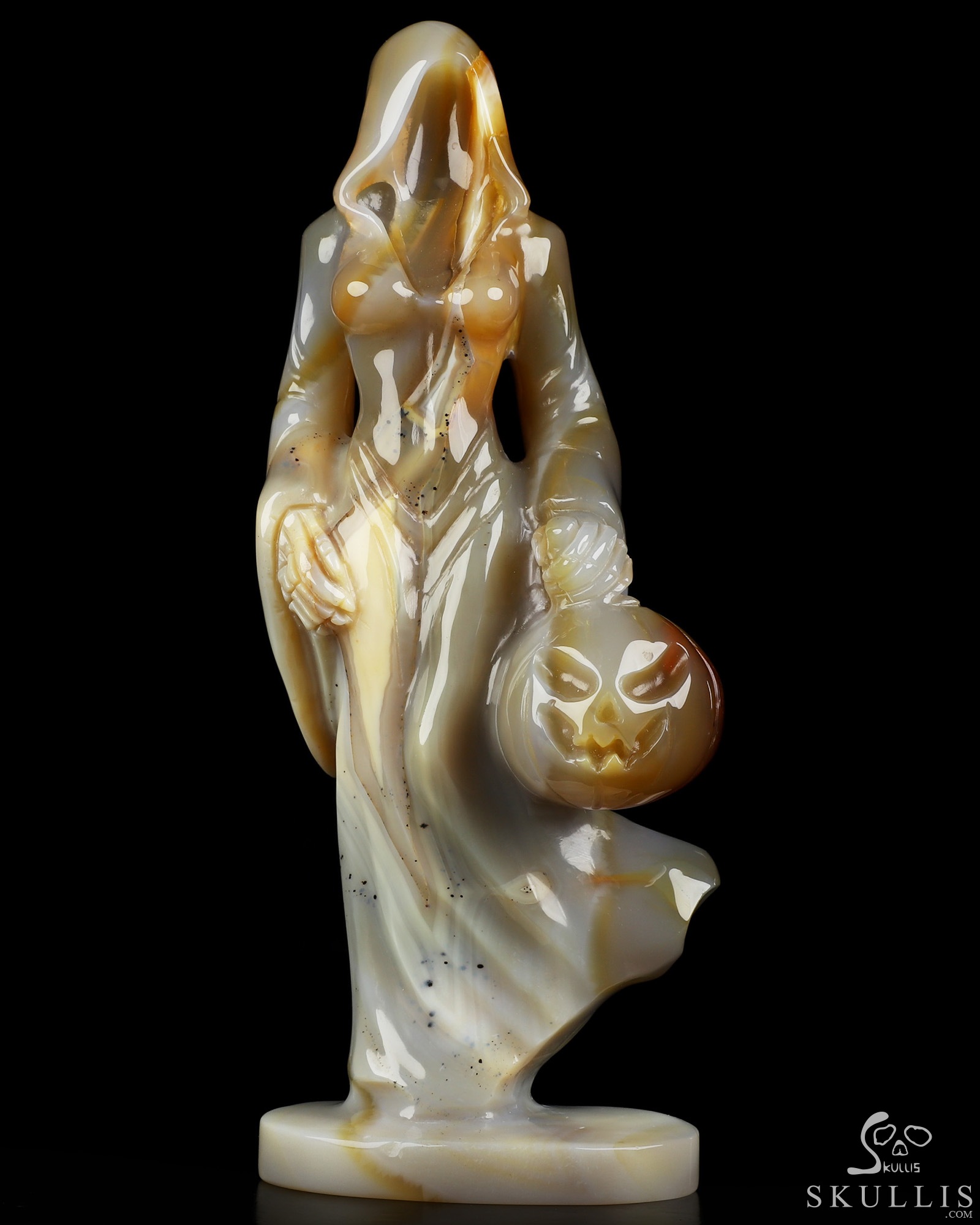 7.9" Premium Brazilian Agate Hand Carved Crystal Reaper with Pumpkin Fine Art Sculpture, Crystal Healing 7.9" Premium Brazilian Agate Hand Carved Crystal Reaper with Pumpkin Fine Art Sculpture, Crystal Healing