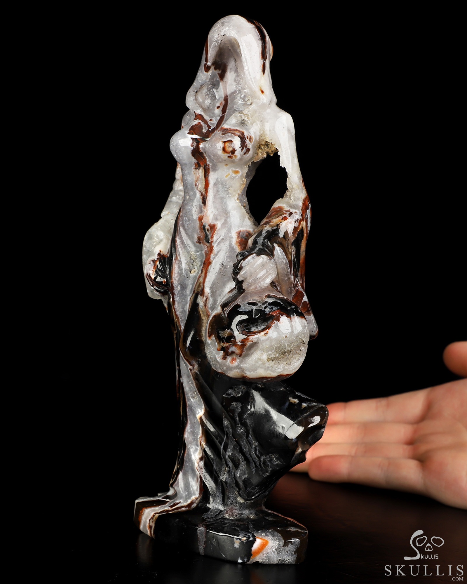 7.9" Black Zebra Agate Hand Carved Crystal Reaper with Pumpkin Fine Art Sculpture, Crystal Healing 7.9" Black Zebra Agate Hand Carved Crystal Reaper with Pumpkin Fine Art Sculpture, Crystal Healing