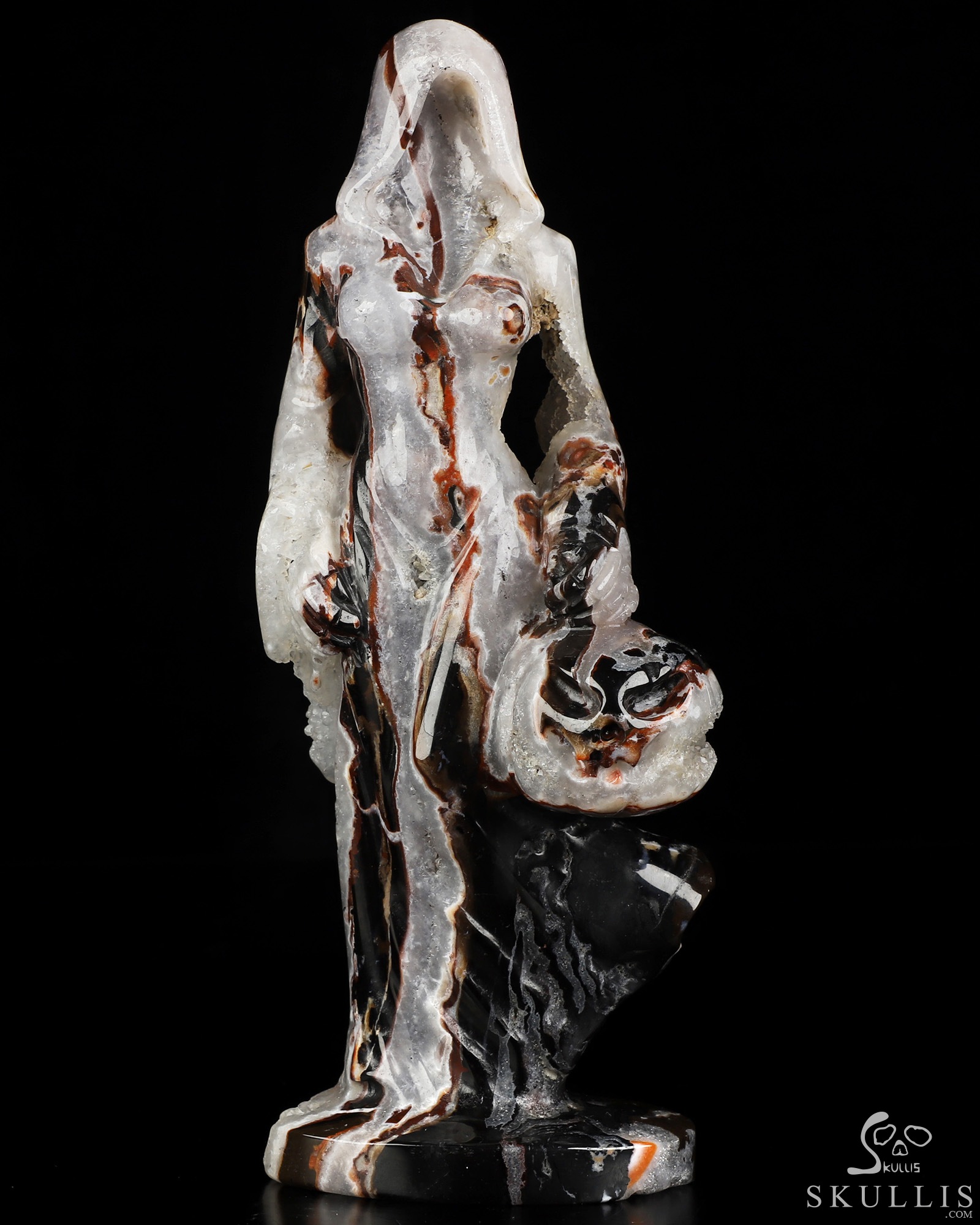 7.9" Black Zebra Agate Hand Carved Crystal Reaper with Pumpkin Fine Art Sculpture, Crystal Healing 7.9" Black Zebra Agate Hand Carved Crystal Reaper with Pumpkin Fine Art Sculpture, Crystal Healing