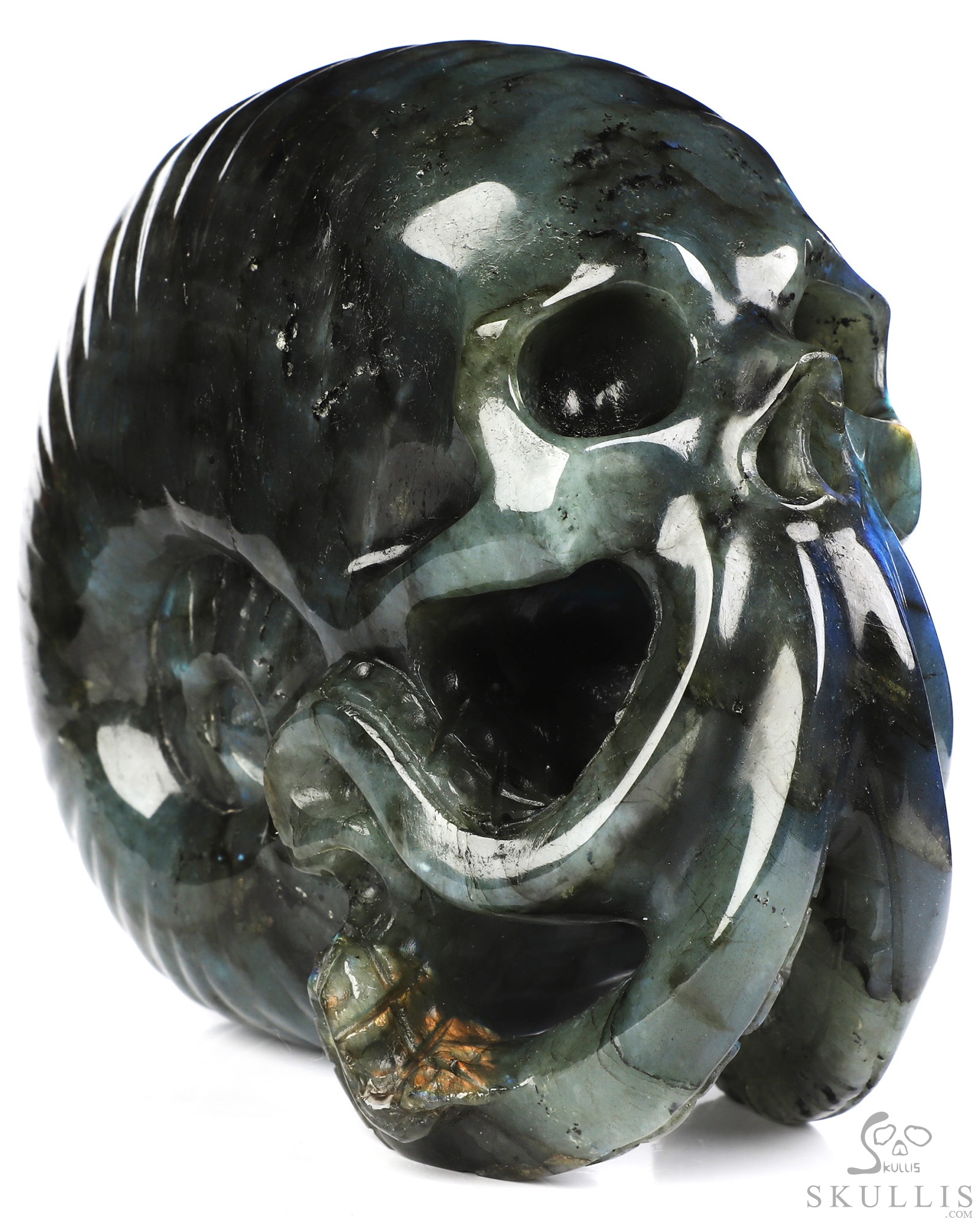 5.6" Labradorite Hand Carved Nautiloid Cthulhu Crystal Skull Sculpture, Crystal Healing 5.6" Labradorite Hand Carved Nautiloid Cthulhu Crystal Skull Sculpture, Crystal Healing