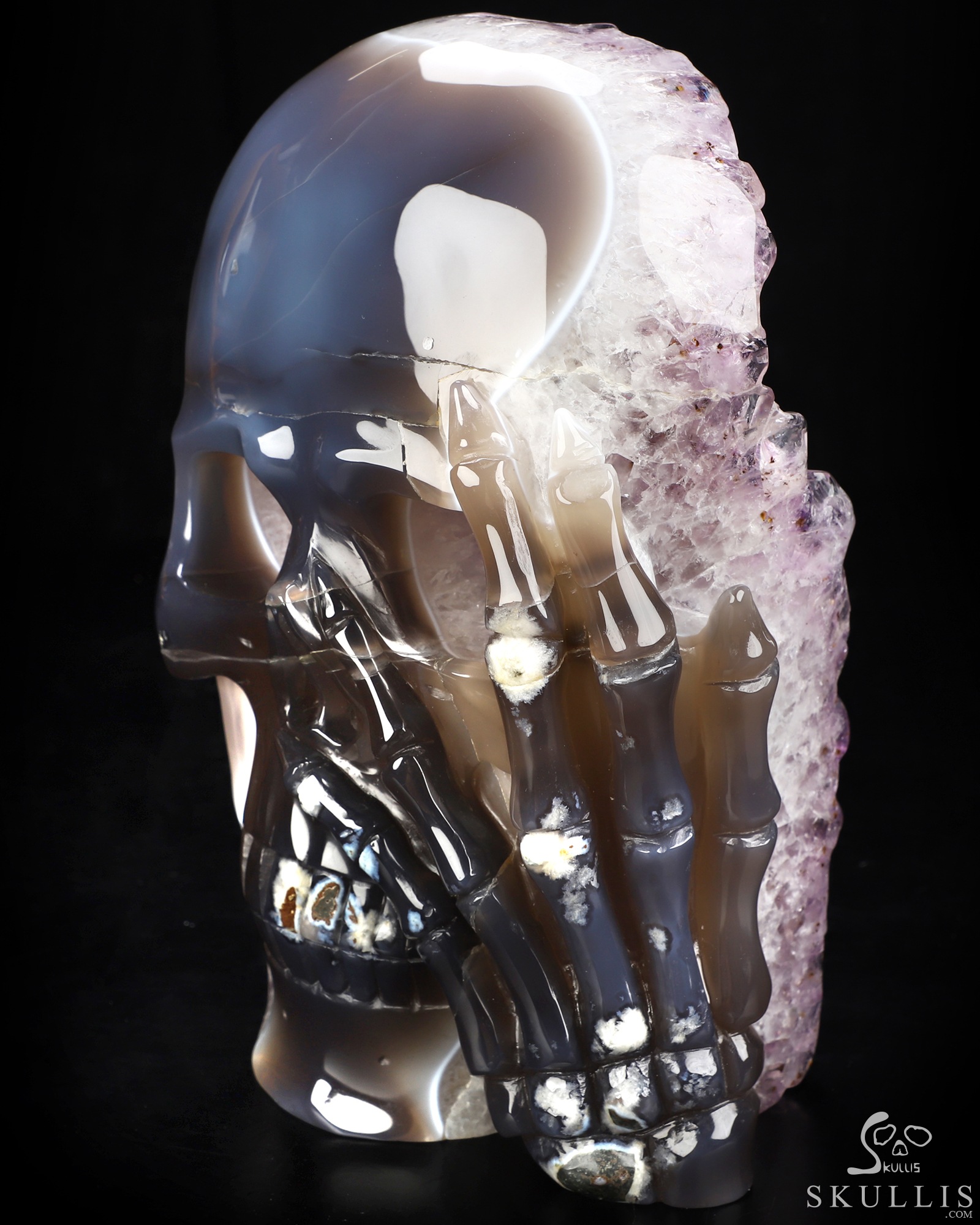 8.0" Agate Amethyst Geode Hand Carved Crystal Skull Mask Fine Art Sculpture, Crystal Healing 8.0" Agate Amethyst Geode Hand Carved Crystal Skull Mask Fine Art Sculpture, Crystal Healing