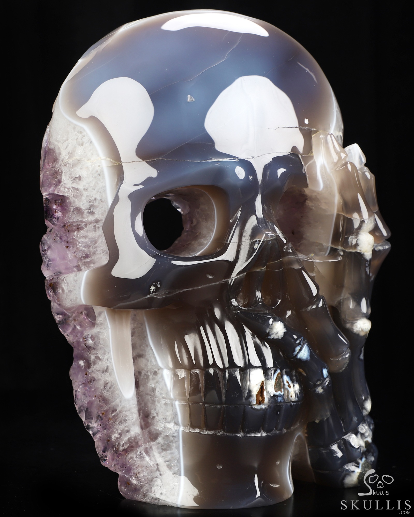 8.0" Agate Amethyst Geode Hand Carved Crystal Skull Mask Fine Art Sculpture, Crystal Healing 8.0" Agate Amethyst Geode Hand Carved Crystal Skull Mask Fine Art Sculpture, Crystal Healing