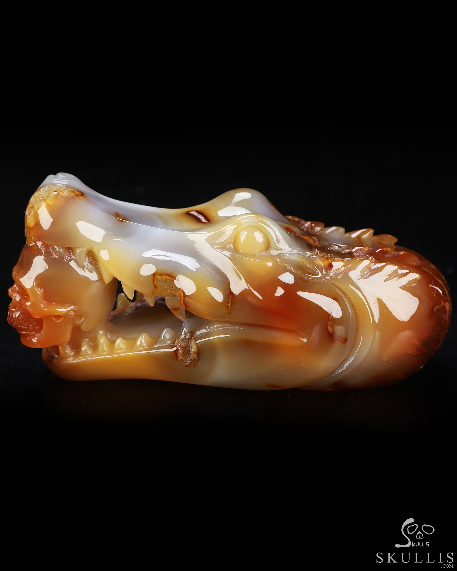 5.5" Carnelian Hand Carved Crystal Skull and Crocodile Fine Art Sculpture, Crystal Healing 5.5" Carnelian Hand Carved Crystal Skull and Crocodile Fine Art Sculpture, Crystal Healing