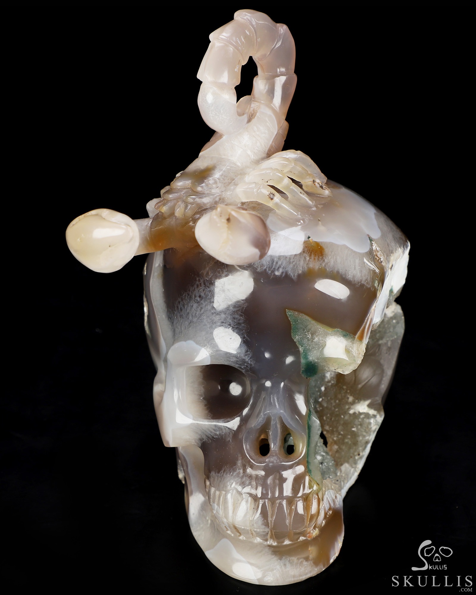 6.5" Agate Geode Hand Carved Crystal Skull and Scorpion Fine Art Sculpture, Crystal Healing 6.5" Agate Geode Hand Carved Crystal Skull and Scorpion Fine Art Sculpture, Crystal Healing