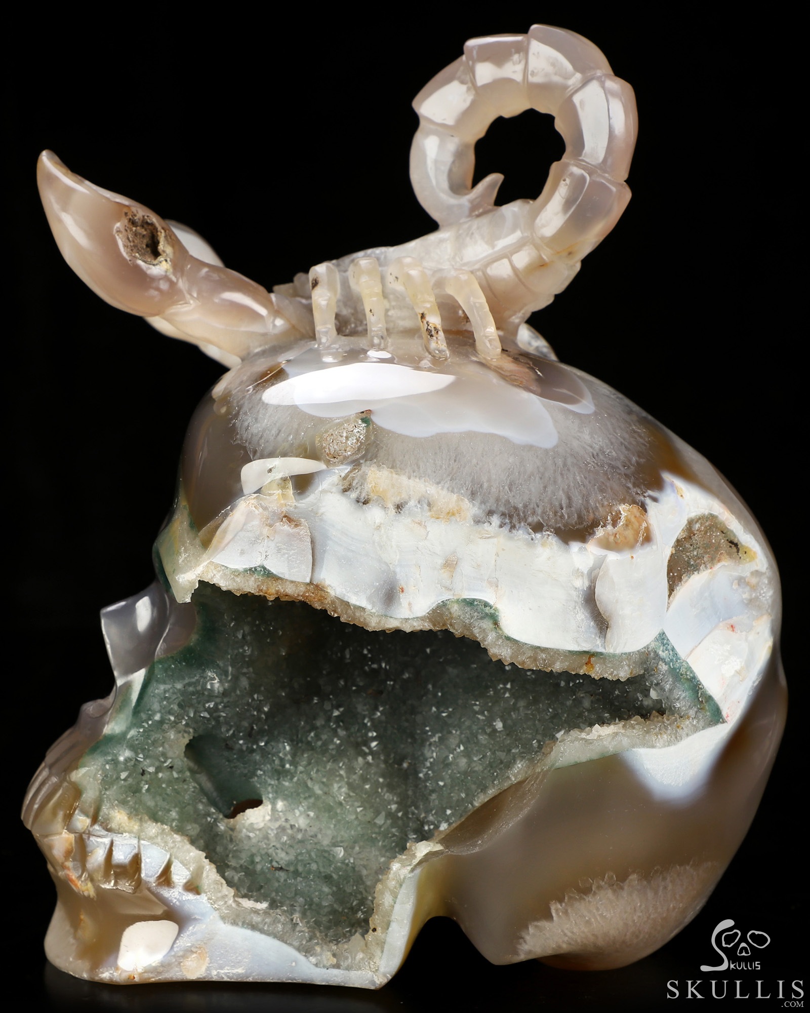 6.5" Agate Geode Hand Carved Crystal Skull and Scorpion Fine Art Sculpture, Crystal Healing 6.5" Agate Geode Hand Carved Crystal Skull and Scorpion Fine Art Sculpture, Crystal Healing