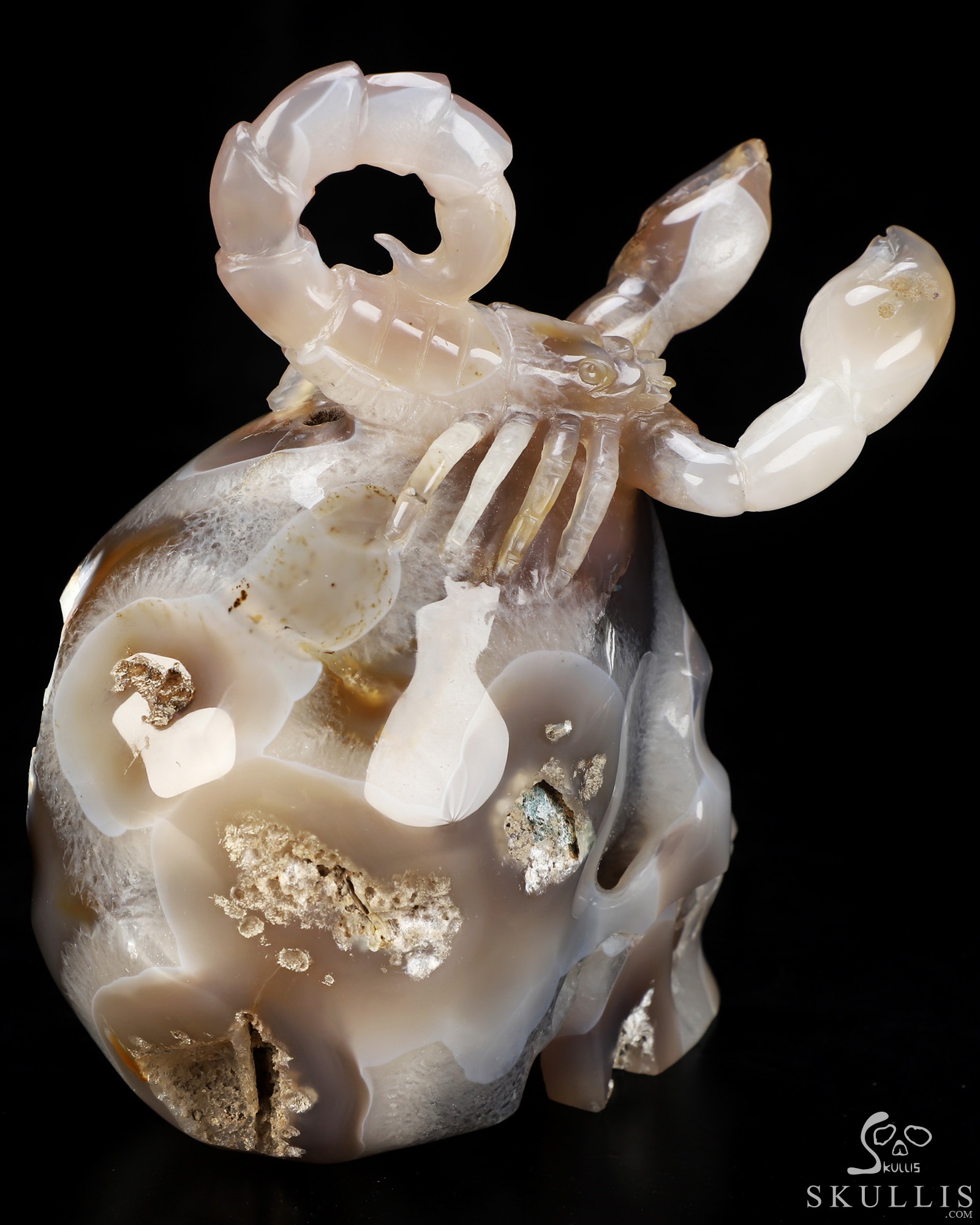 6.5" Agate Geode Hand Carved Crystal Skull and Scorpion Fine Art Sculpture, Crystal Healing 6.5" Agate Geode Hand Carved Crystal Skull and Scorpion Fine Art Sculpture, Crystal Healing