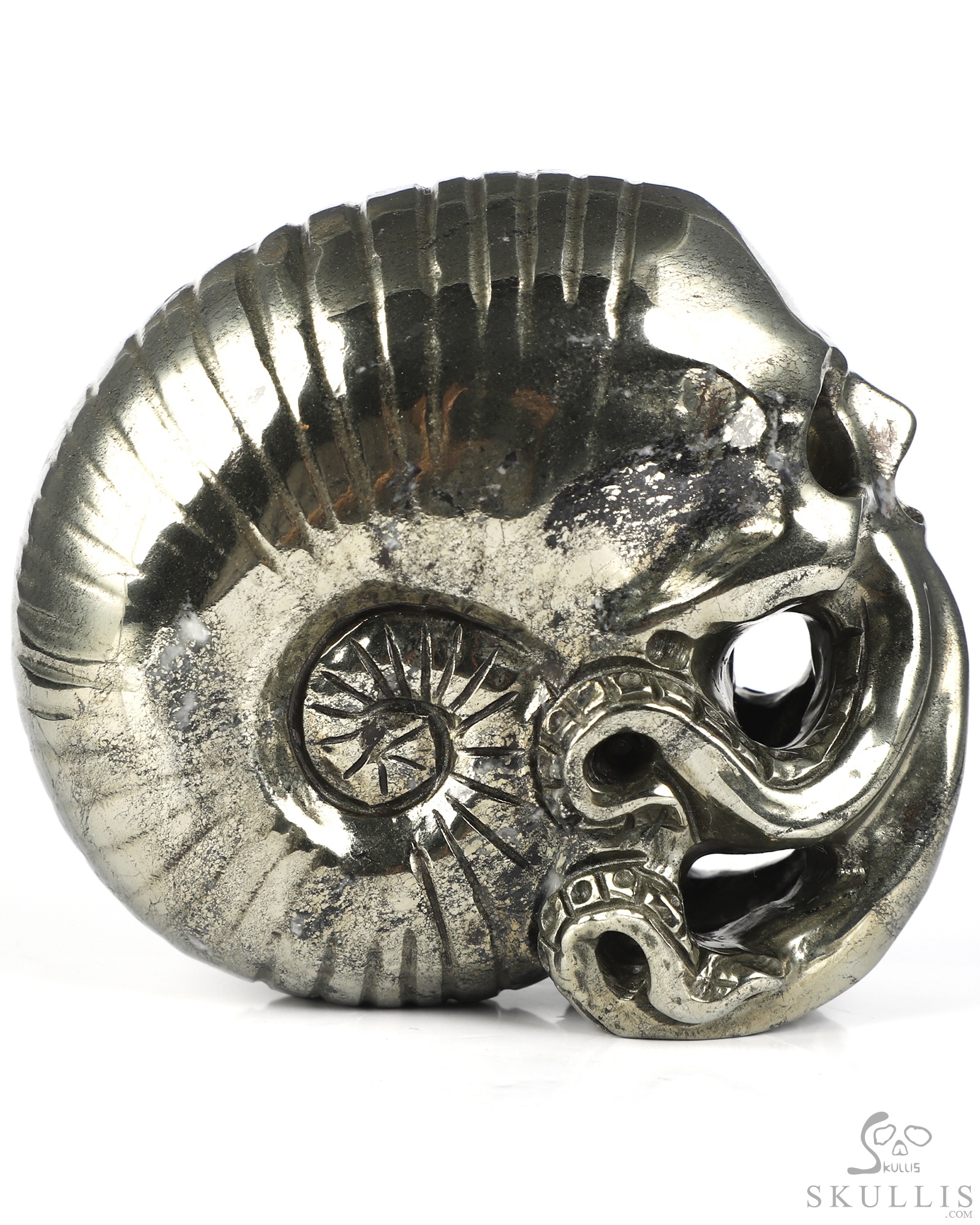 3.5" Pyrite Hand Carved Nautiloid Cthulhu Crystal Skull Sculpture, Crystal Healing 3.5" Pyrite Hand Carved Nautiloid Cthulhu Crystal Skull Sculpture, Crystal Healing