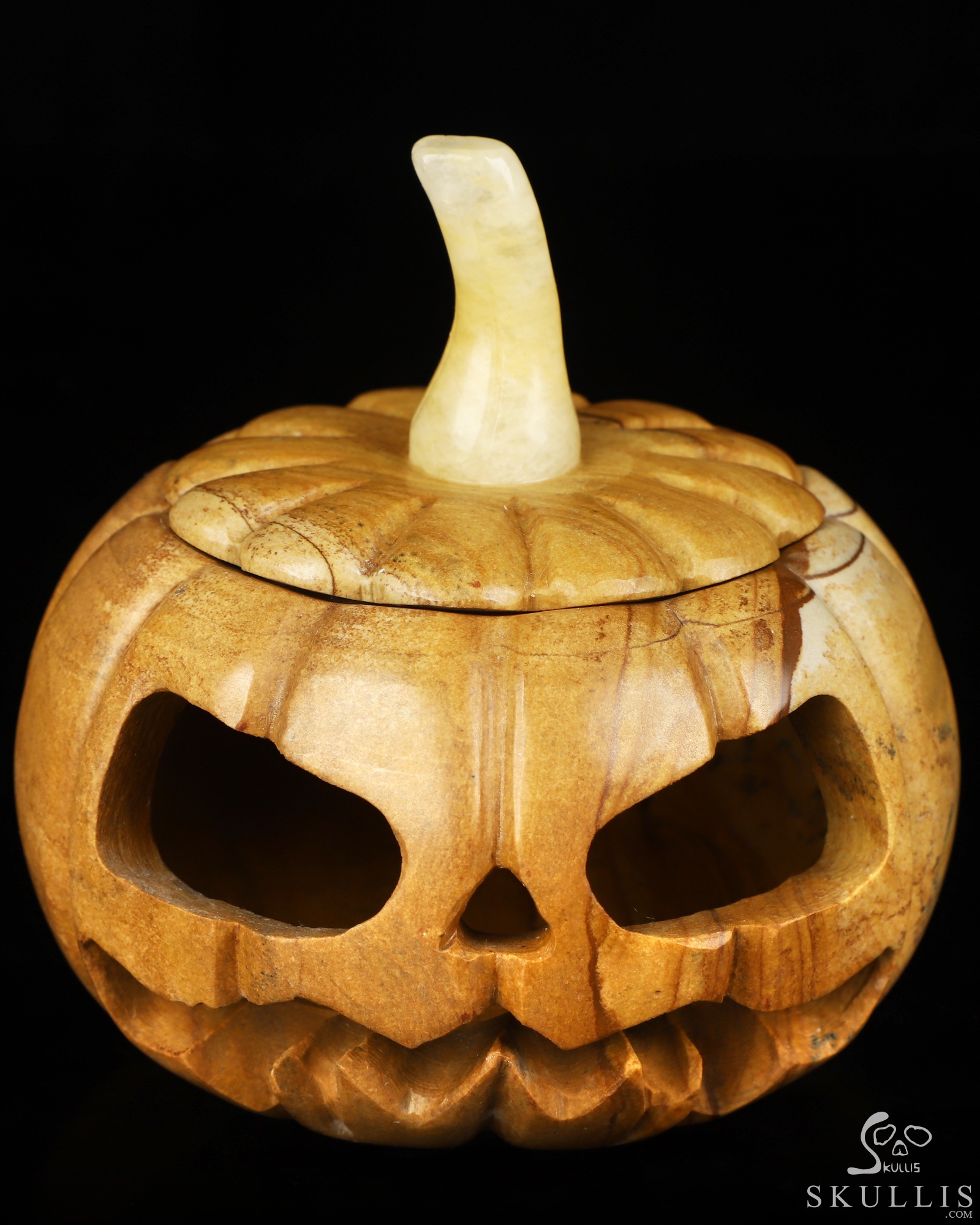 4.0" Picture Jasper Hand Carved Hollow Jack-O'-Lantern Pumpkin Crystal Skull Sculpture, Crystal Healing 4.0" Picture Jasper Hand Carved Hollow Jack-O'-Lantern Pumpkin Crystal Skull Sculpture, Crystal Healing