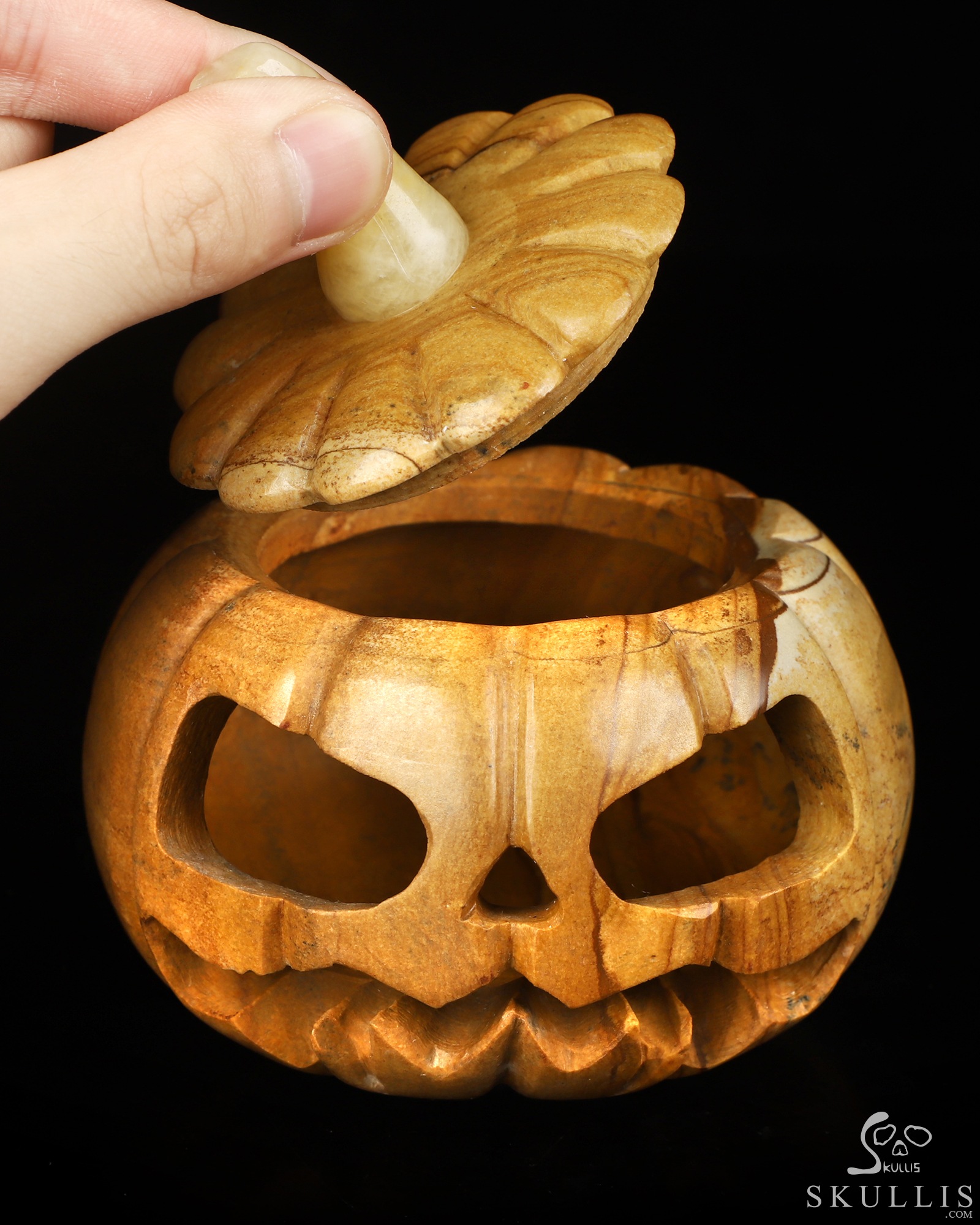 4.0" Picture Jasper Hand Carved Hollow Jack-O'-Lantern Pumpkin Crystal Skull Sculpture, Crystal Healing 4.0" Picture Jasper Hand Carved Hollow Jack-O'-Lantern Pumpkin Crystal Skull Sculpture, Crystal Healing