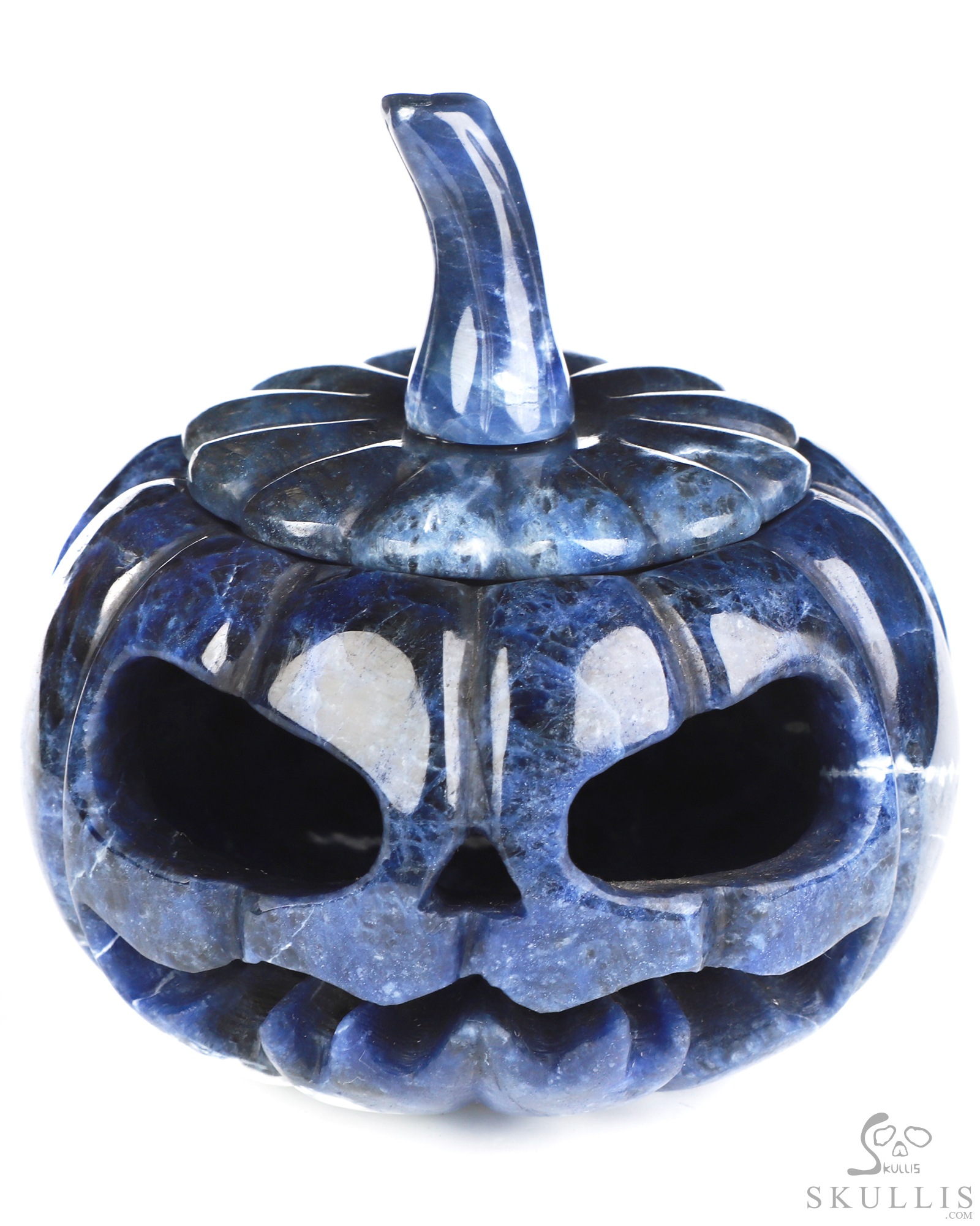 4.0" Sodalite Hand Carved Hollow Jack-O'-Lantern Pumpkin Crystal Skull Sculpture, Crystal Healing 4.0" Sodalite Hand Carved Hollow Jack-O'-Lantern Pumpkin Crystal Skull Sculpture, Crystal Healing