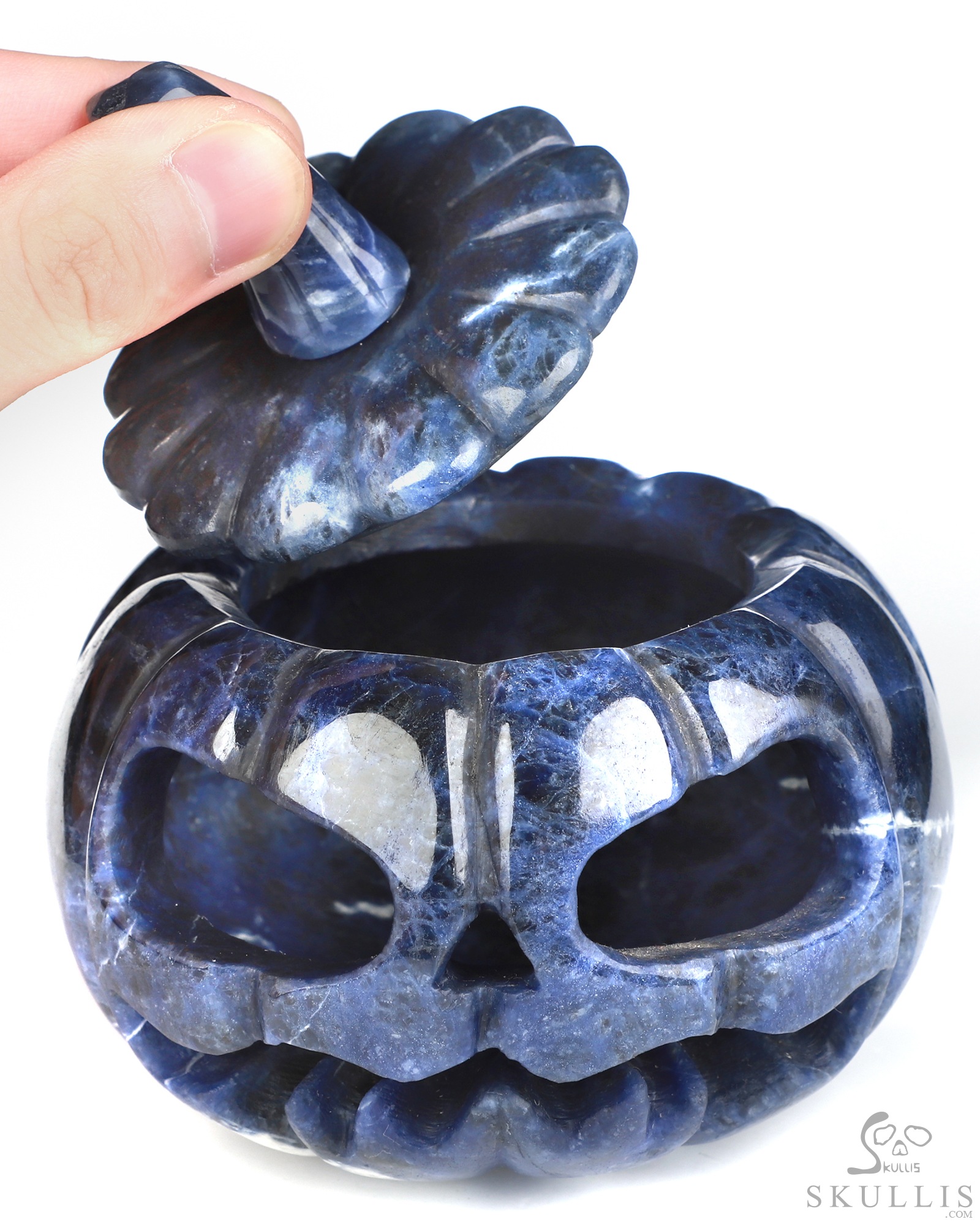 4.0" Sodalite Hand Carved Hollow Jack-O'-Lantern Pumpkin Crystal Skull Sculpture, Crystal Healing 4.0" Sodalite Hand Carved Hollow Jack-O'-Lantern Pumpkin Crystal Skull Sculpture, Crystal Healing