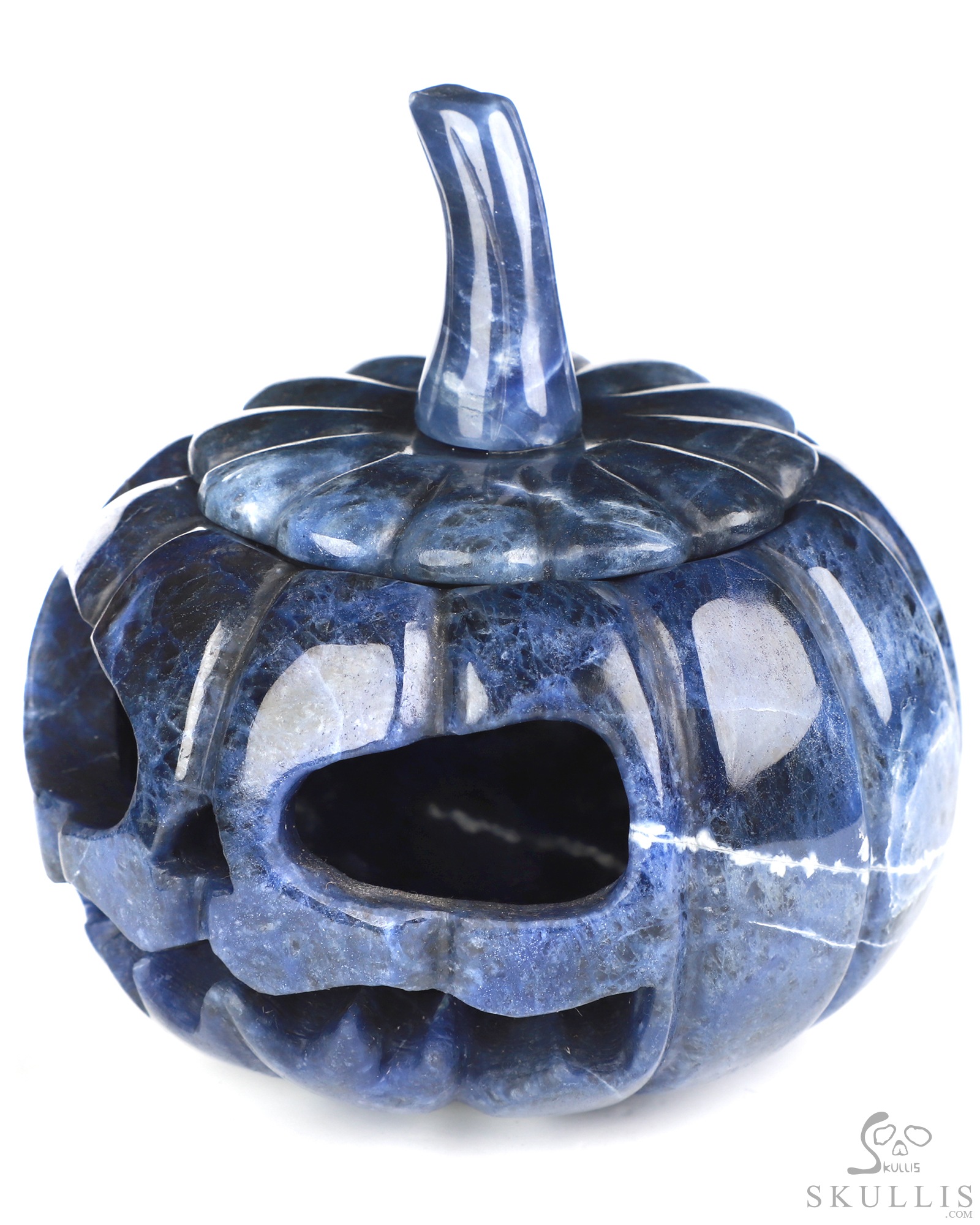 4.0" Sodalite Hand Carved Hollow Jack-O'-Lantern Pumpkin Crystal Skull Sculpture, Crystal Healing 4.0" Sodalite Hand Carved Hollow Jack-O'-Lantern Pumpkin Crystal Skull Sculpture, Crystal Healing