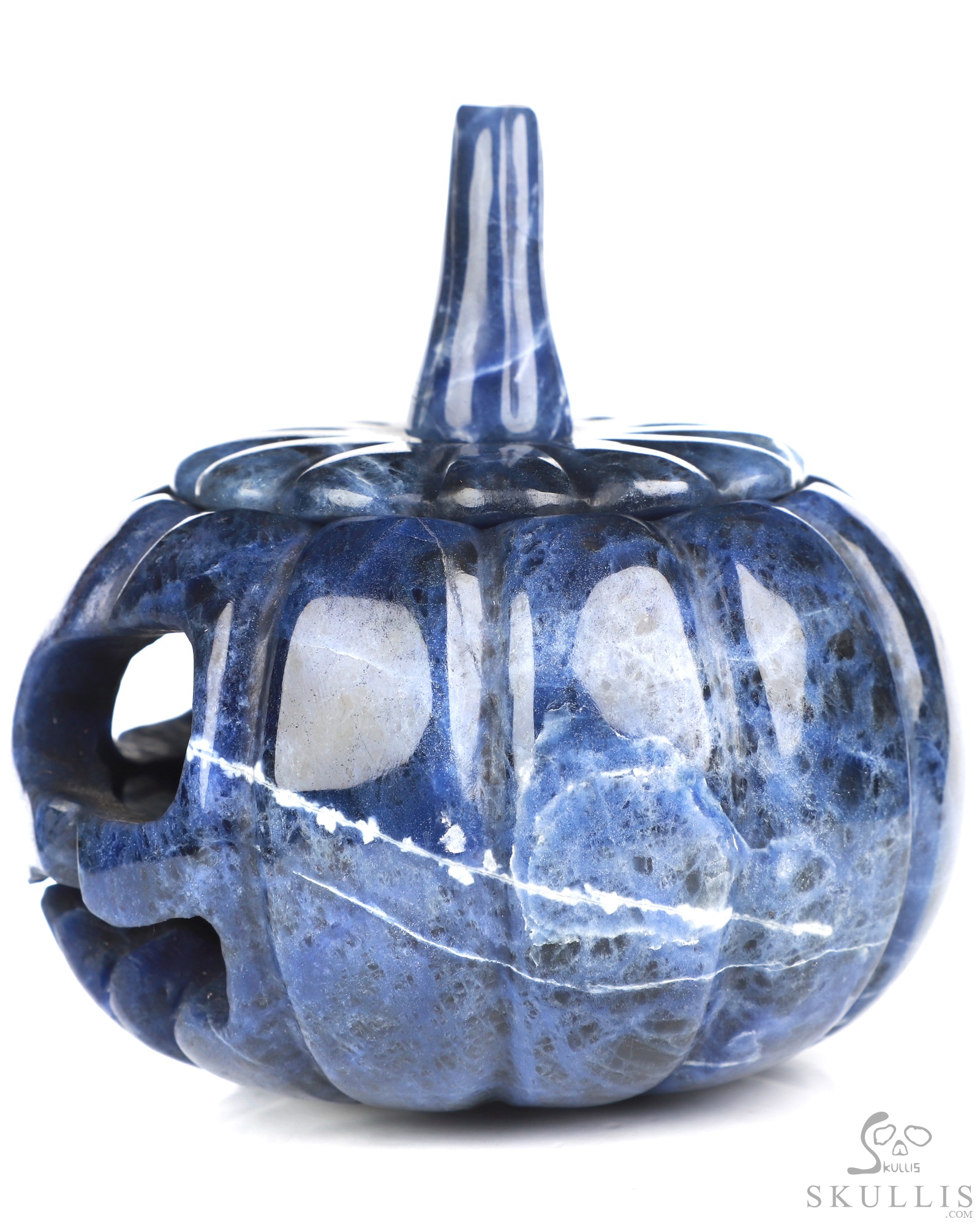 4.0" Sodalite Hand Carved Hollow Jack-O'-Lantern Pumpkin Crystal Skull Sculpture, Crystal Healing 4.0" Sodalite Hand Carved Hollow Jack-O'-Lantern Pumpkin Crystal Skull Sculpture, Crystal Healing