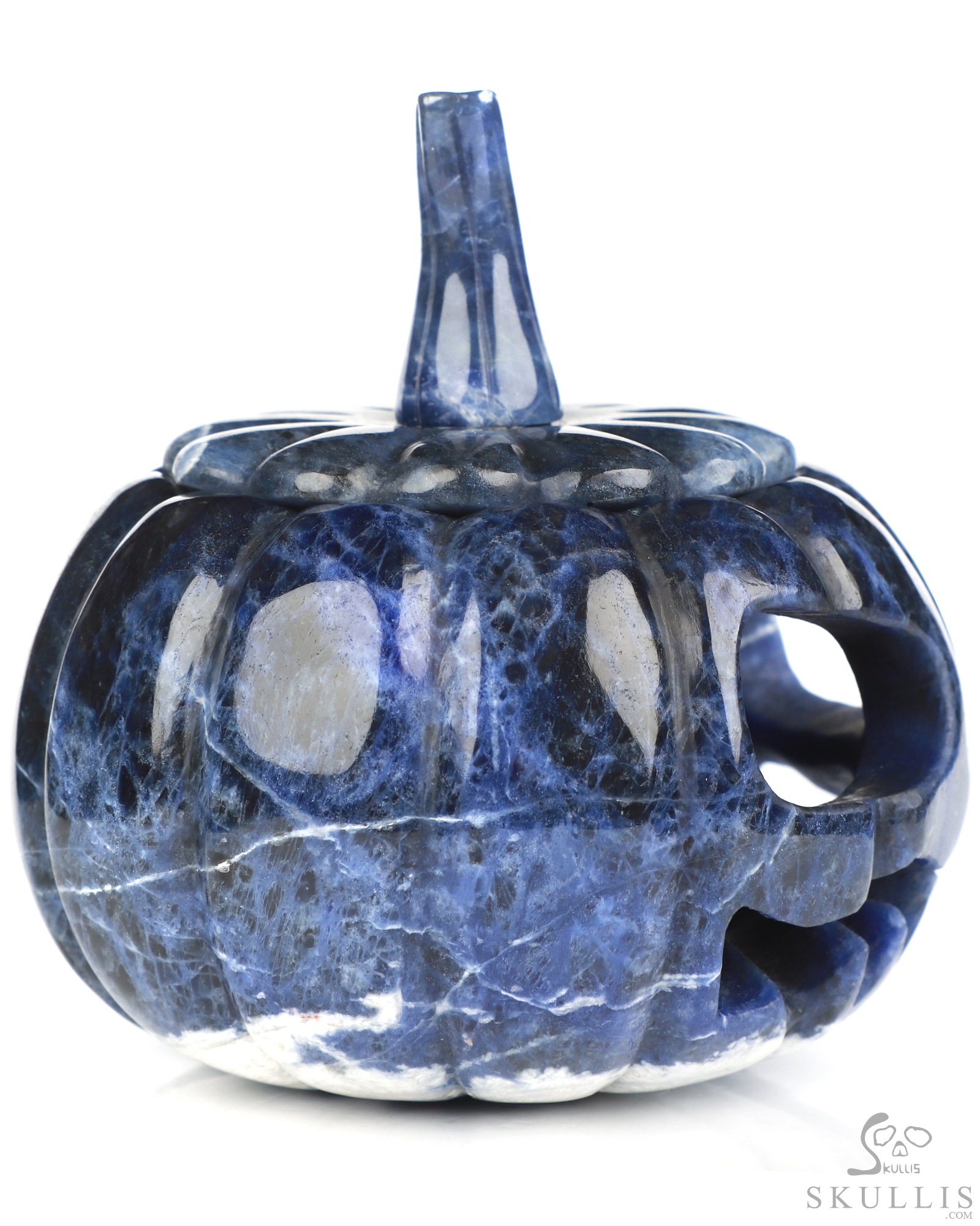 4.0" Sodalite Hand Carved Hollow Jack-O'-Lantern Pumpkin Crystal Skull Sculpture, Crystal Healing 4.0" Sodalite Hand Carved Hollow Jack-O'-Lantern Pumpkin Crystal Skull Sculpture, Crystal Healing
