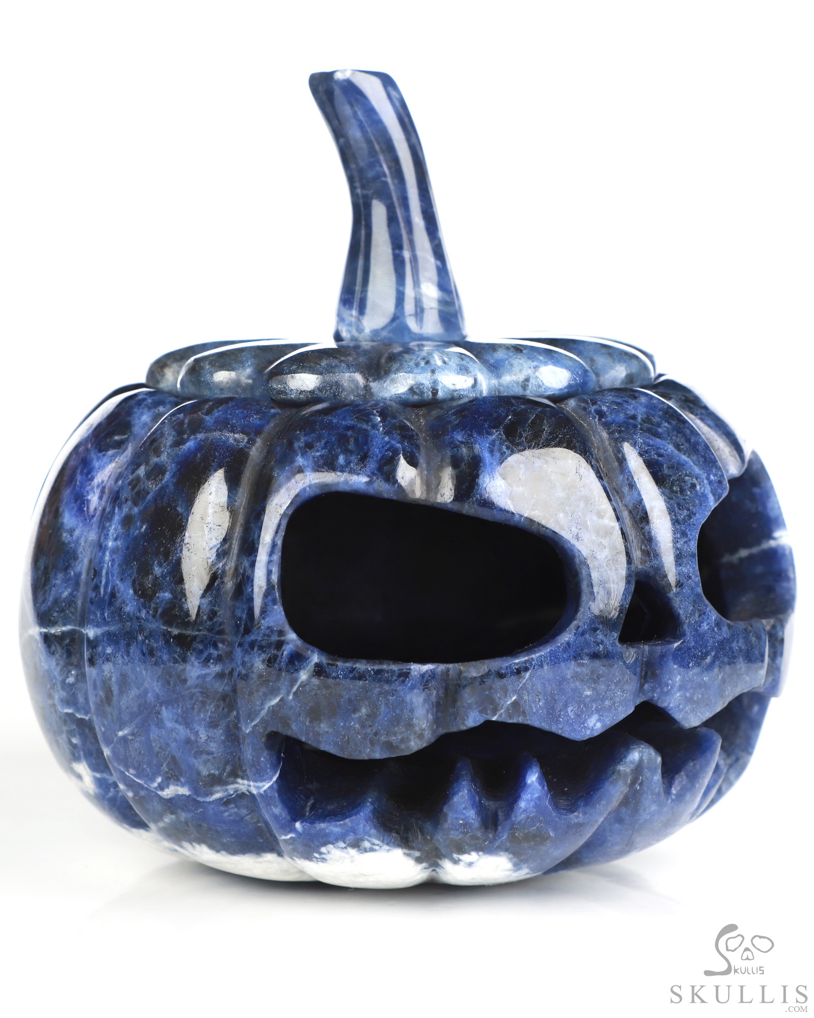 4.0" Sodalite Hand Carved Hollow Jack-O'-Lantern Pumpkin Crystal Skull Sculpture, Crystal Healing 4.0" Sodalite Hand Carved Hollow Jack-O'-Lantern Pumpkin Crystal Skull Sculpture, Crystal Healing