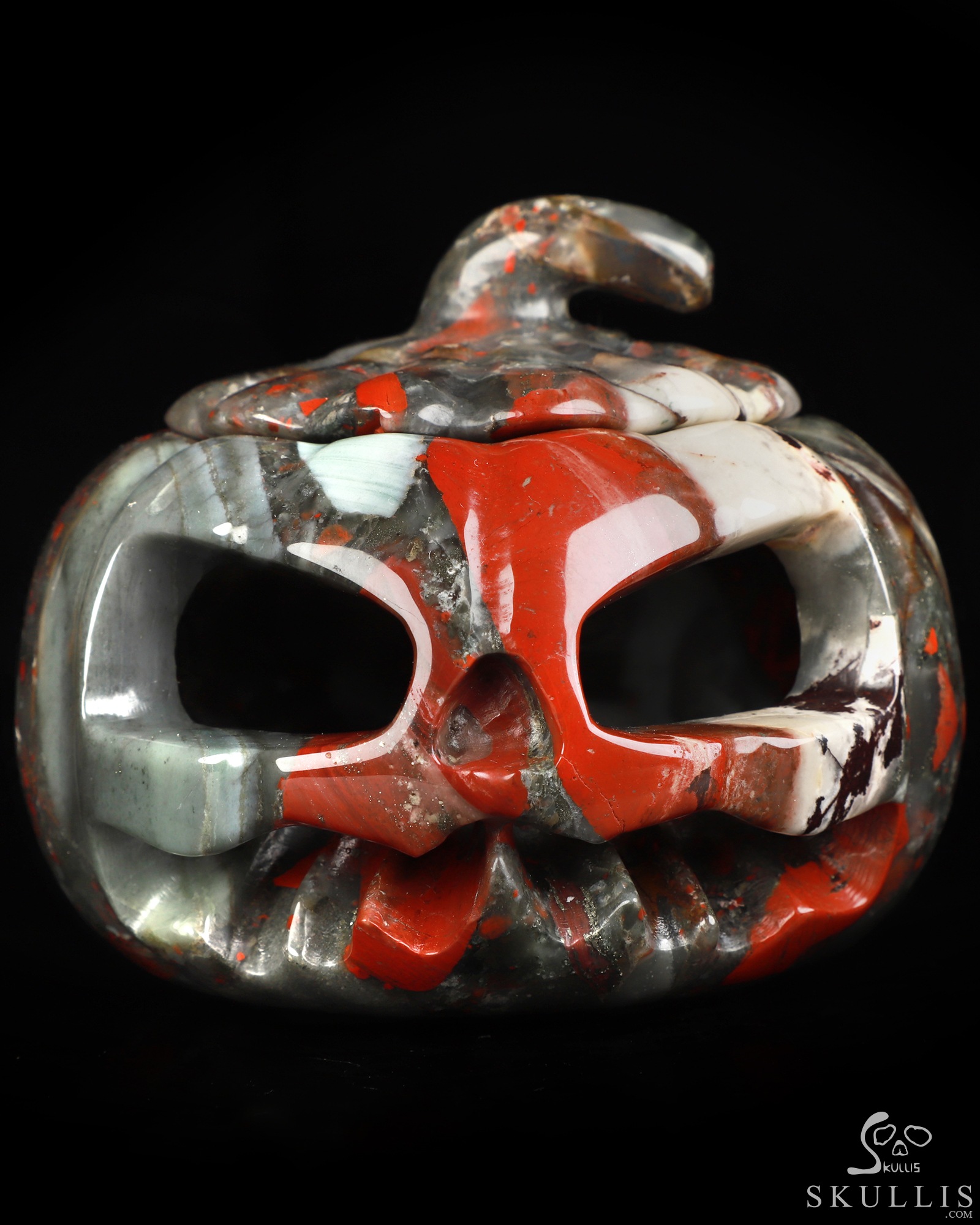 4.1" African Bloodstone Hand Carved Hollow Jack-O'-Lantern Pumpkin Crystal Skull Sculpture, Crystal Healing 4.1" African Bloodstone Hand Carved Hollow Jack-O'-Lantern Pumpkin Crystal Skull Sculpture, Crystal Healing
