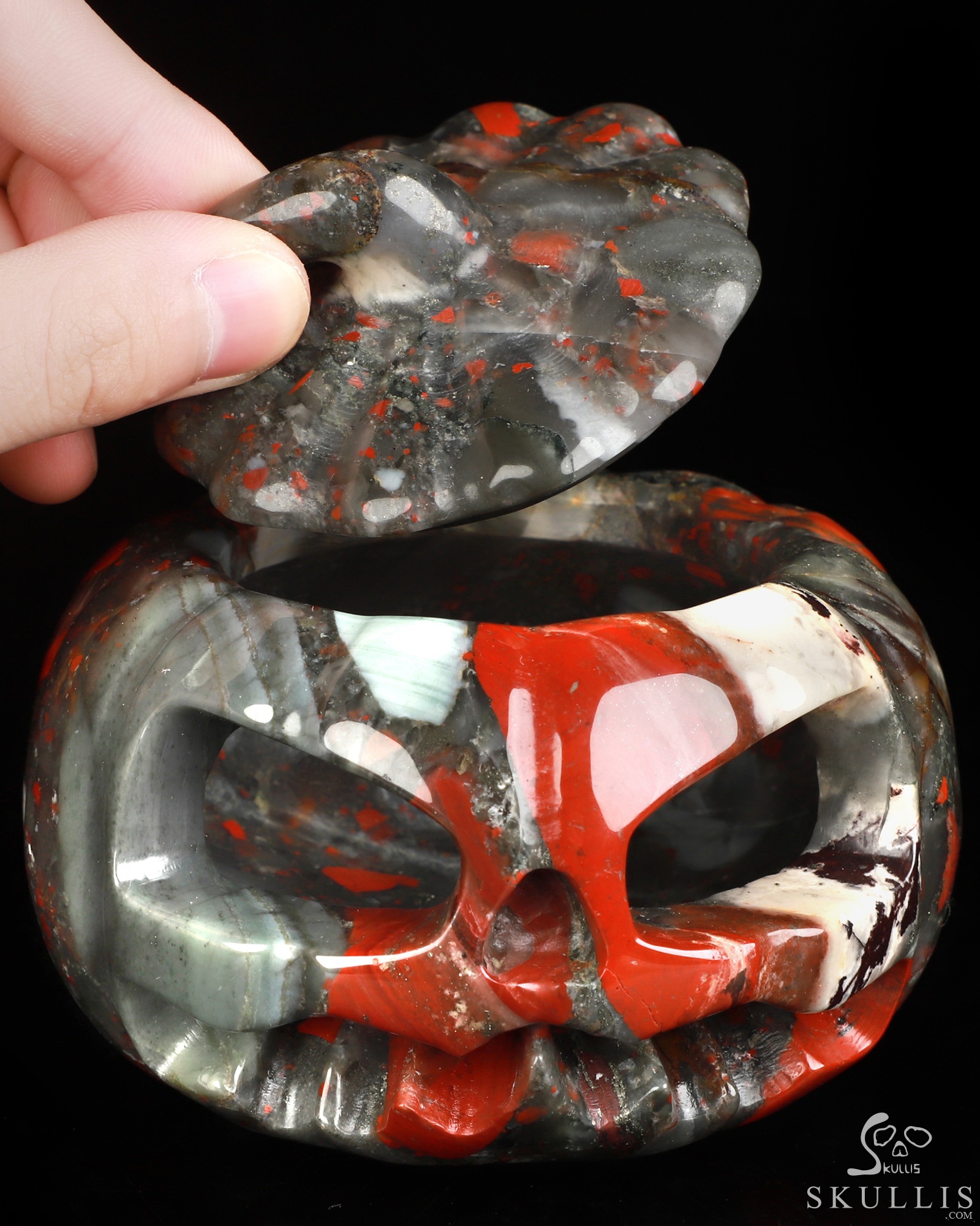 4.1" African Bloodstone Hand Carved Hollow Jack-O'-Lantern Pumpkin Crystal Skull Sculpture, Crystal Healing 4.1" African Bloodstone Hand Carved Hollow Jack-O'-Lantern Pumpkin Crystal Skull Sculpture, Crystal Healing