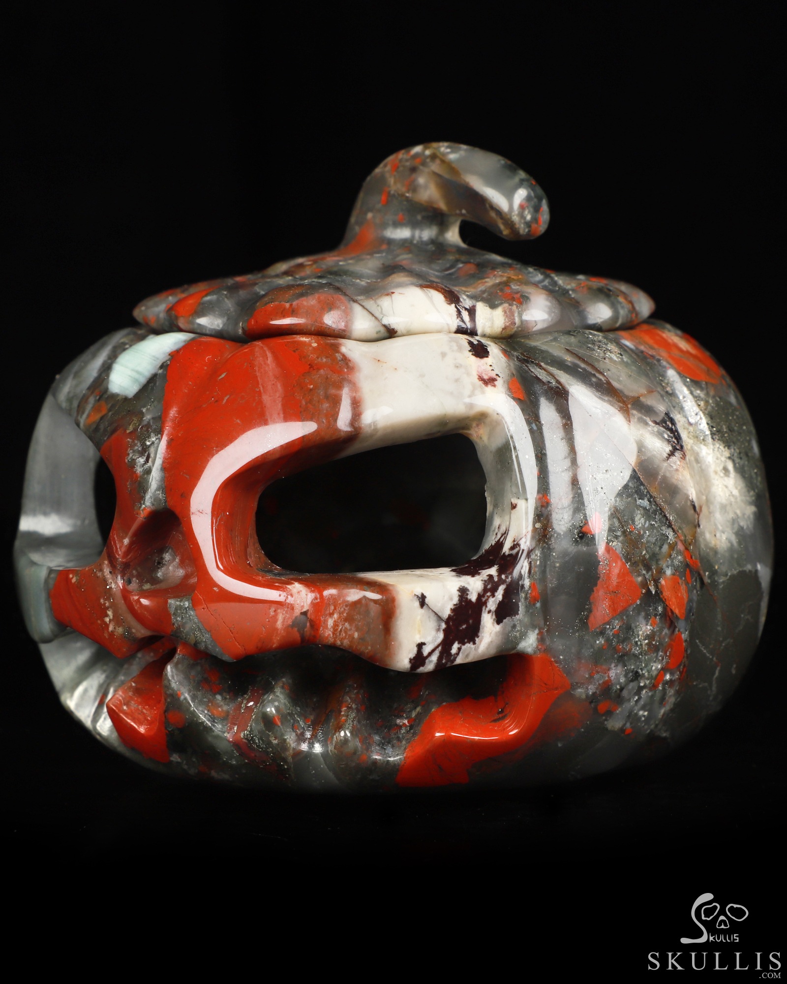 4.1" African Bloodstone Hand Carved Hollow Jack-O'-Lantern Pumpkin Crystal Skull Sculpture, Crystal Healing 4.1" African Bloodstone Hand Carved Hollow Jack-O'-Lantern Pumpkin Crystal Skull Sculpture, Crystal Healing