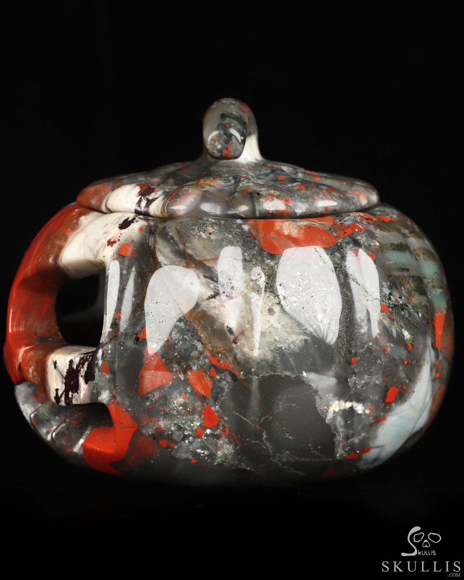 4.1" African Bloodstone Hand Carved Hollow Jack-O'-Lantern Pumpkin Crystal Skull Sculpture, Crystal Healing 4.1" African Bloodstone Hand Carved Hollow Jack-O'-Lantern Pumpkin Crystal Skull Sculpture, Crystal Healing